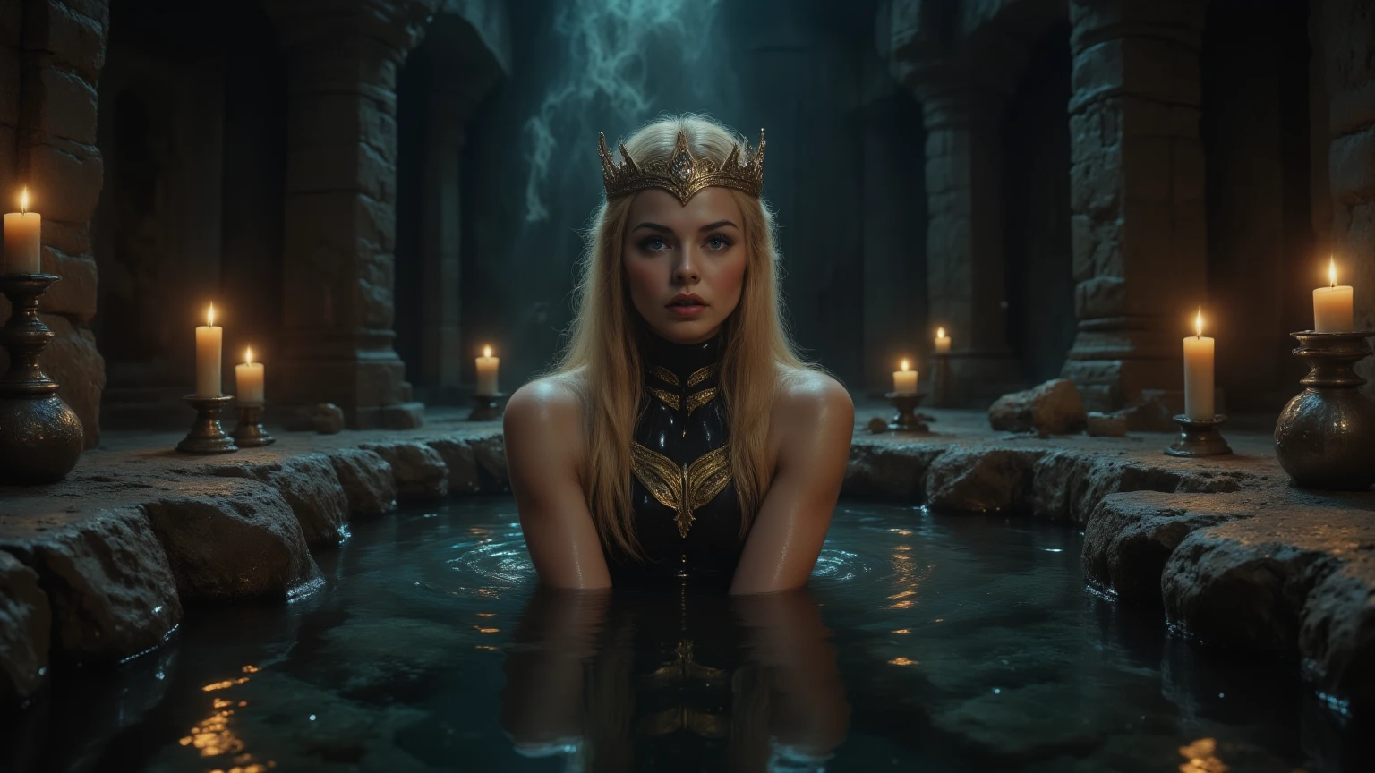 "Create a photorealistic image of a serene underground stone chamber illuminated by the warm, flickering glow of candles. A woman with long blonde hair, wearing a golden crown adorned with intricate details, is submerged in a dark, reflective pool, with only her shoulders and head above the water. The stone walls are textured and ancient, with visible cracks and a rough surface, adding a medieval aesthetic. Candles of varying heights rest on uneven stone ledges, their flames casting soft reflections on the water and shadows on the walls. The atmosphere is tranquil and mystical, with a slight mist rising from the water.