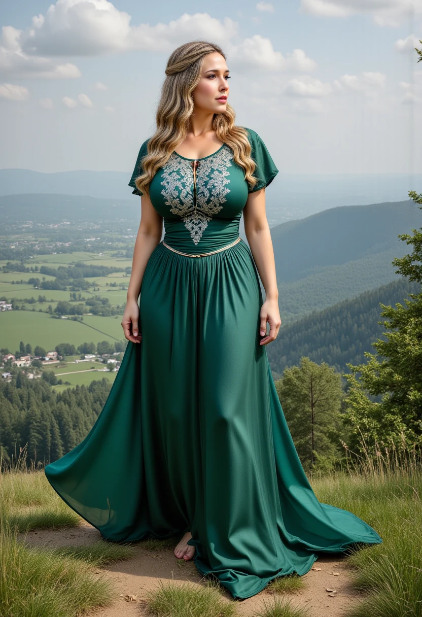 A majestic Avalon queen wearing a forest-green gown with silver floral motifs. She stands on a hill overlooking Avalon’s mystical lands, holding a golden chalice. Her long, wavy hair flows in the wind. Ultra-detailed, vibrant 4K.