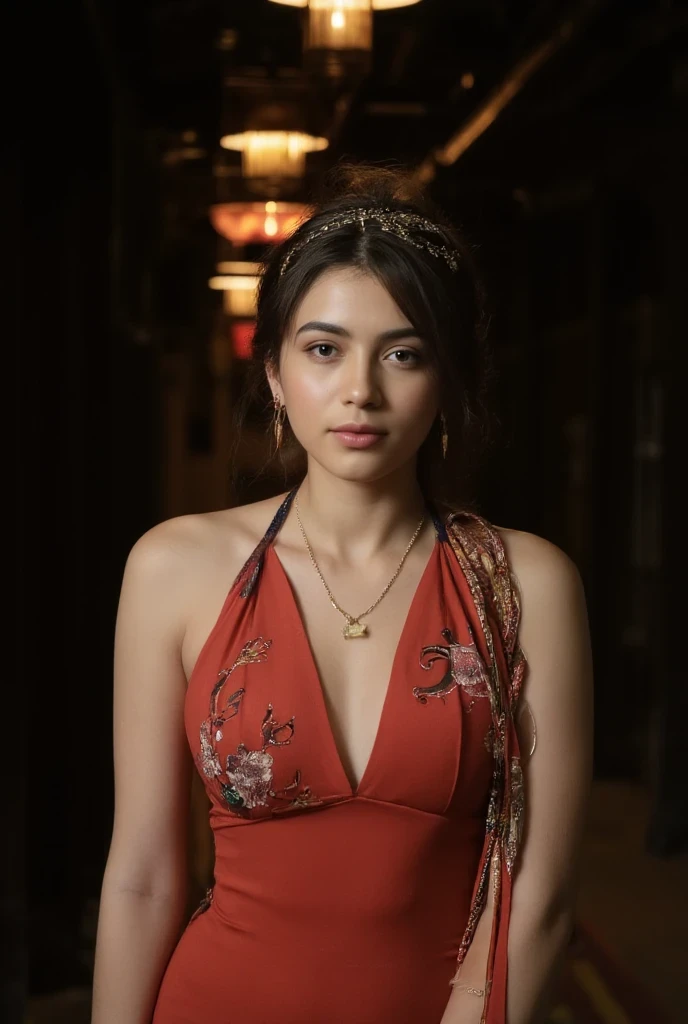 Best Quality, Masterpiece, Hi-Res, One Girl, Cheongsam, Headwear, Necklace, Jewelry, Beautiful Face, upon_body, Tyndall Effect, Photorealistic, Dark Studio, Rim Lighting, Two-Tone Lighting, (High Definition Skin: 1.2), 8k uhd, dslr, soft lighting, high quality, volumetric lighting, candid, photography, high resolution, 4k, 8k, bokeh,