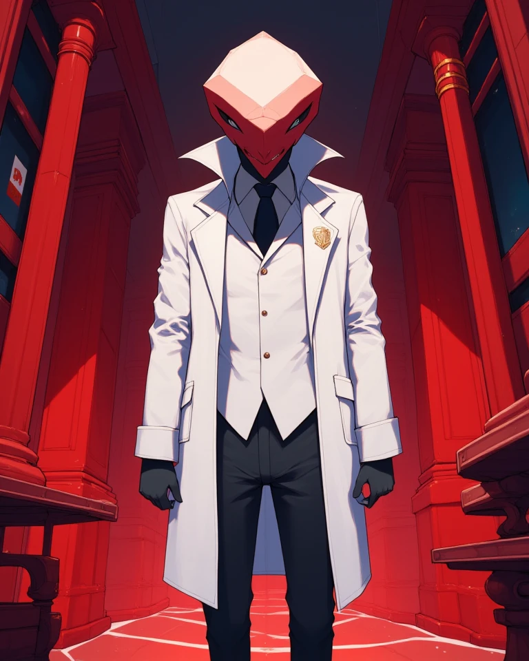 villain,  with a head shaped like a sugar cube, in a white coat, red furniture on the background,  anime style 