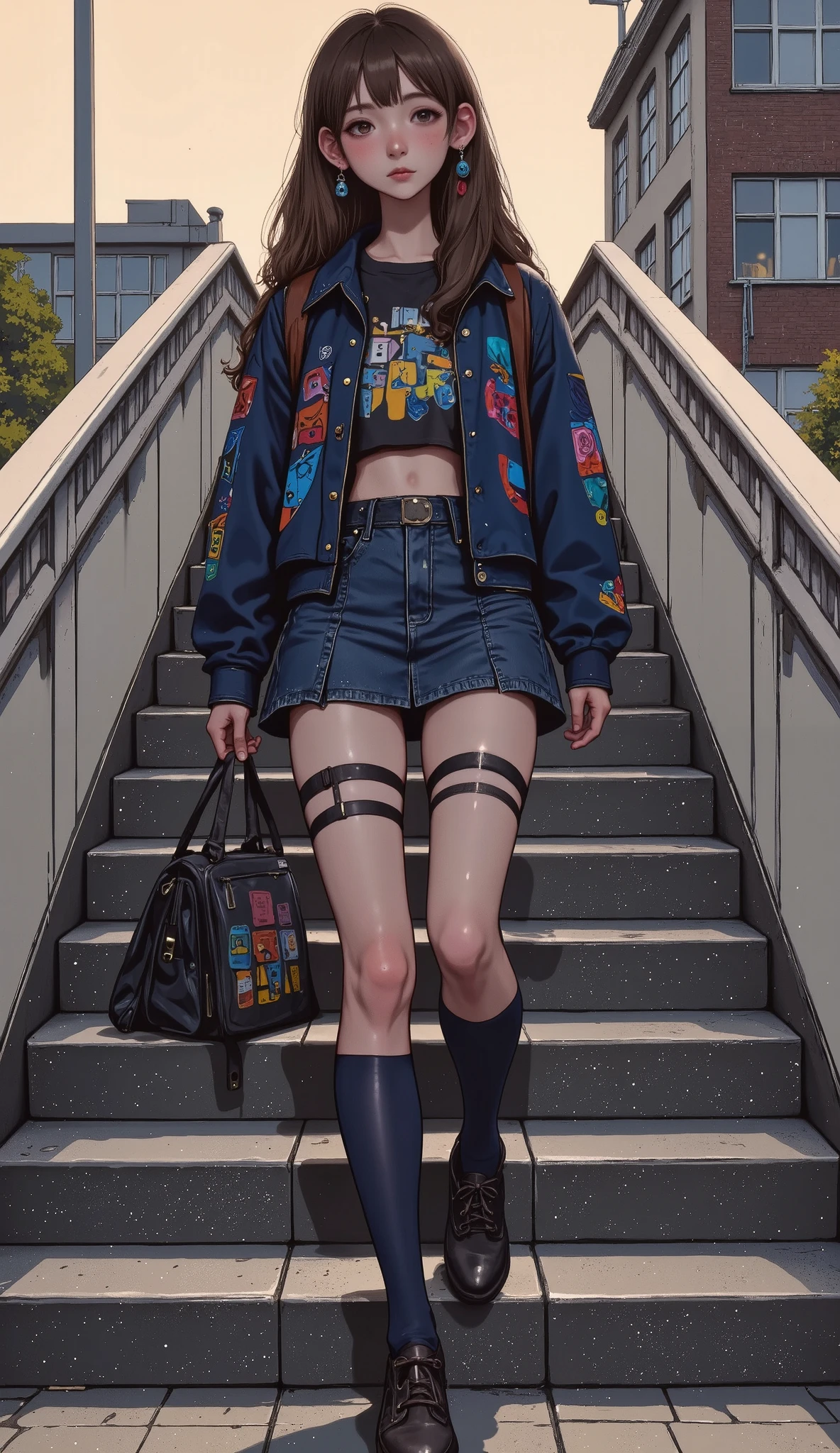 (( highest quality )), (( masterpiece)), ( High resolution), 8K, Better shadow, The best natural light, cinematic dust , High school student climbing the stairs 、20 years, ( brown hair )、 looking back , shy、 navy blue jacket 、navy blue skirt、(dark blue socks)、(( back view))、 Angled from directly below the back , (( seen from below))、dark blue socksのクローズアップ、 Arrangement of the sleeve panels 、 cartoon style 、Sleeve design、 Station stairs 、on the way to school, A skirt that moves with the wind, Elegant white panties hidden under a skirt , slim body , beautiful thighs, embarrassed expression
