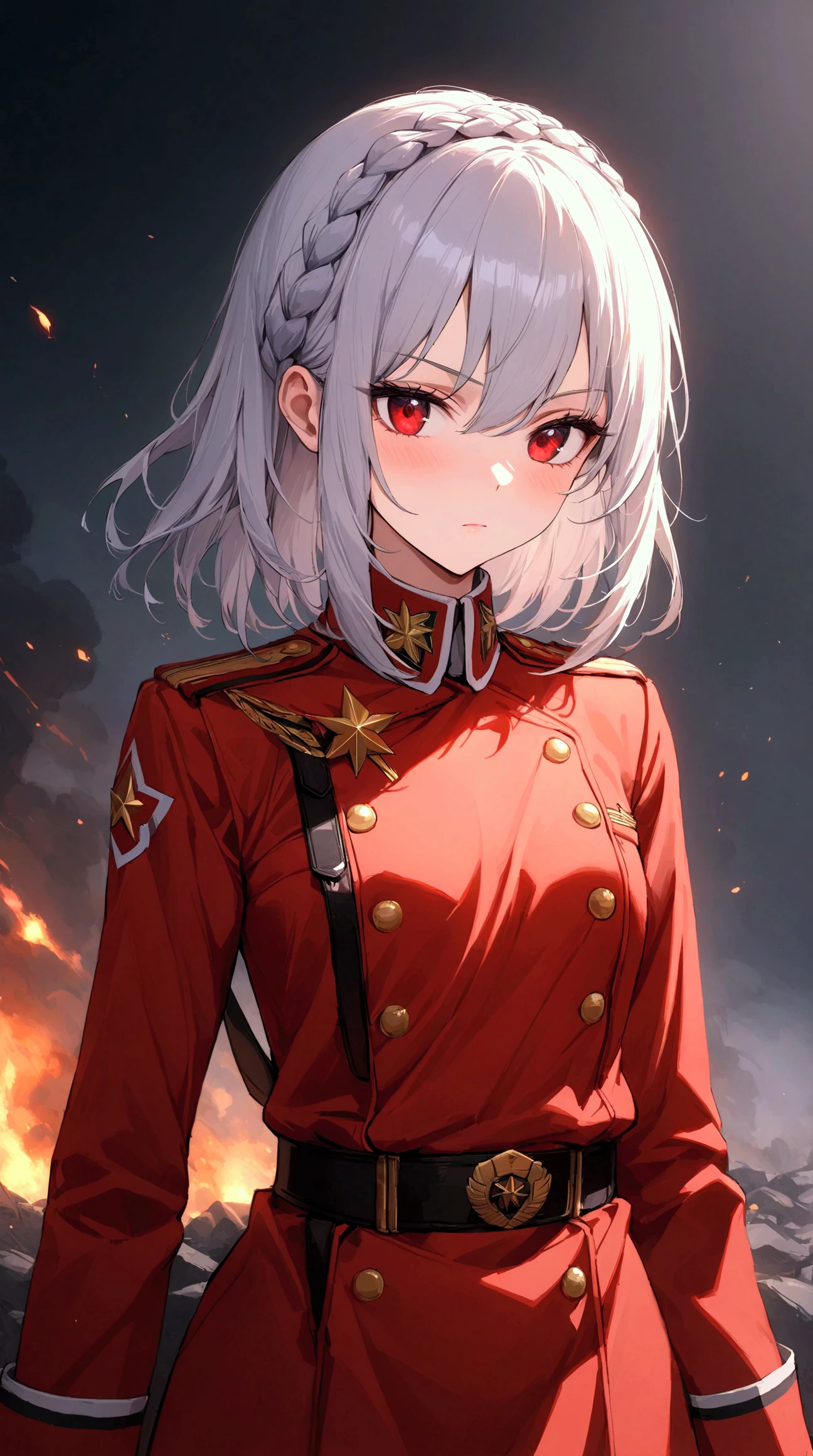 (masterpiece, Highest quality:1.2), (masterpiece, Highest quality:1.2), (1girl), alone, ((medium hair)), ((silver hair)), (straight hair), ((hair over face)), (red eyes), (((small breast))), (military red uniform) ,high detail, bloom, textured skin, natural light, beautiful effects, ((detailed face)), black flowers, (beautiful fantastic effects), (crown braid), (ashes), (cinder), front view, serious, Soviet red military uniform, skirt, pantyhose, Сердитый, Яркие зрачки, Строгость, Злая улыбка, полный рост, Ножки, на фоне горит здание, пламя, Видно ноги, пламя, 