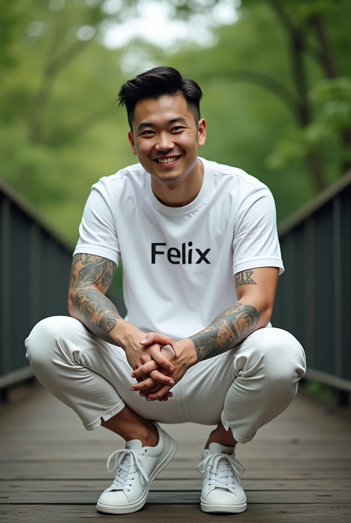 Hunter Create an illustration of a natural and handsome boy casually sitting on top of the social media logo "Facebook". The boy wears a red t-shirt, white pants with Hein Khant Zaw written on the chest, and white shoes. The background of the image is a Facebook profile picture. The name Hein Khant Zaw is written on the profile picture. I will create a natural and realistic social media profile picture with a matching profile picture.