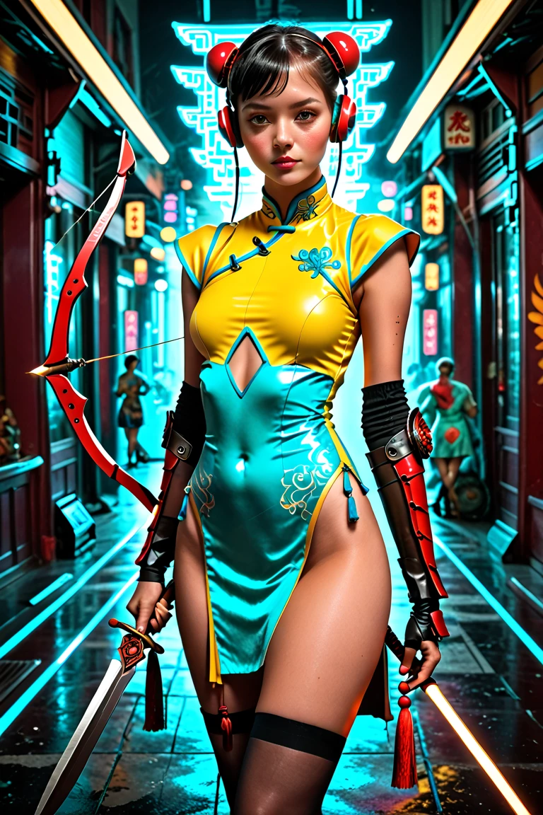 masterpiece, best quality, vibrant, very aesthetic, high contrast, semrealistic, newest, realirtic, photorealistic,
1girl,solo,standing,Compound bow in hand,the other hand get arrow,looking at viewer,black hair,high twintails,black eyes,
turquoise ultra-short high-slit Chinese cheongsam,turquoise china dress,  bodysuit, see-through Laser juliet puff sleeves, (leather arm guards:1.4), tassel, Chinese cloud shoulders,Chinese style moire, belt, thighhighs under boots, chest cutout, Head with red feather decoration, high heels, headphones, sheath,
Compound bow \(weapon\), arrow \(projectile\), quiver,knife,simple background,grey background,
cyberpunk,perfect curves,(pastel colors:1.2),  cyberhanfu,cheongsam,chinese_clothes,Chinese cheongsam,