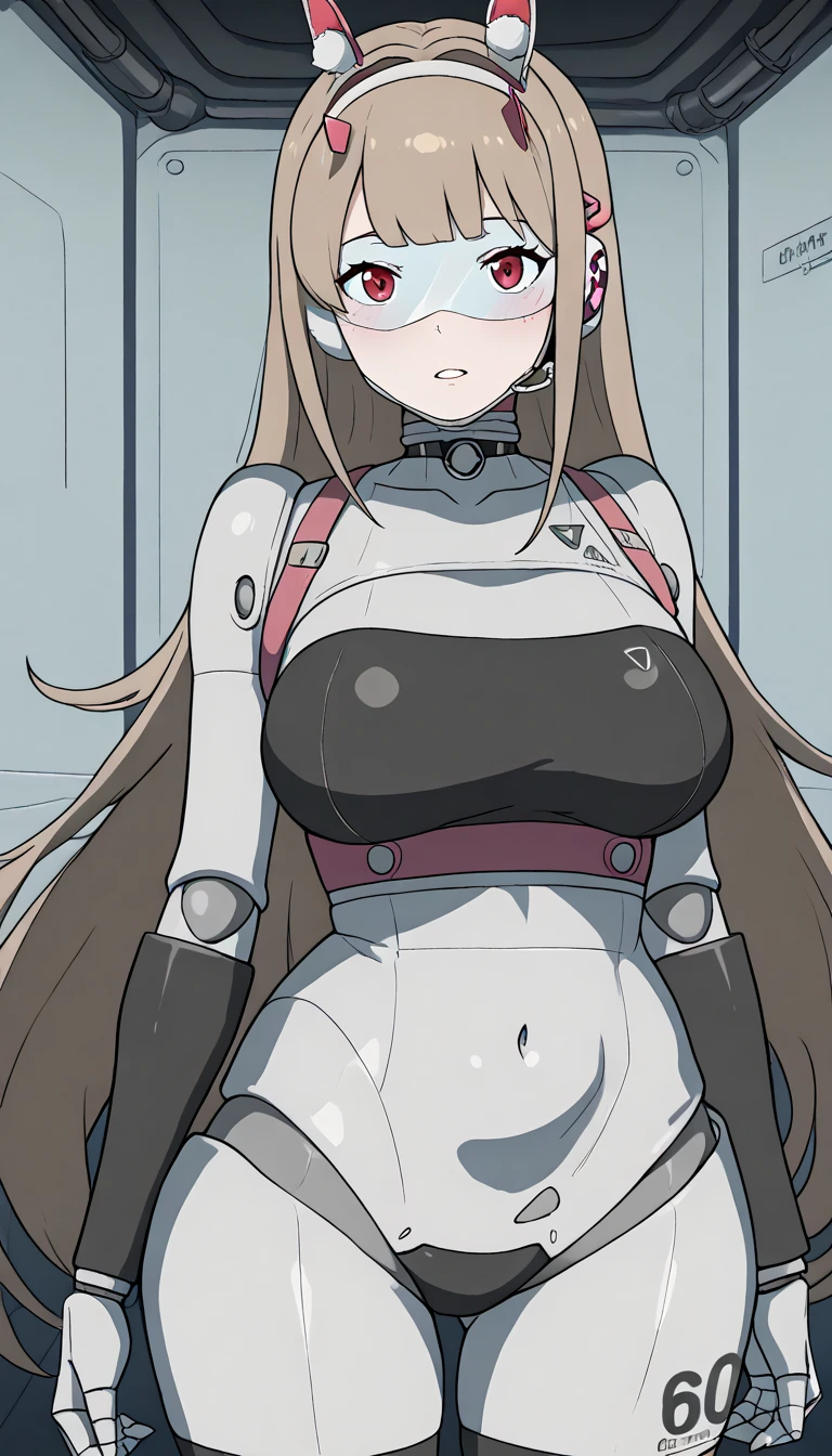 masterpiece, best quality, extremely detailed, (8K, 4K, Best Quality, hight resolution, 超A high resolution:1.1), ,8k portrait, Japaese android Girl,Plump , black leg cover,announcer,control panels,android,Droid,Mechanical Hand, Robot arms and legs, Robot Parts,golden long hair,Mechanical body,Blunt bangs,perfect mechanical abdomen, robotics parts,perfect robot woman,future laboratory,cyber pank,charging spot,laboratory,long tube,thick cable connected her neck,black ceramic body ,perfect mechanical body, robot body,lod antenna,mechanical ear cover,android,robot humanoid,black sponge joints,The removable cover is in the groin,The connection port is in the groin,opened chest panel,access panel on the chest,opened breast panel,perfect mechanical breast,perfect black machine body,perfect black android body,She has repaired,assembly plant,no human skin,visor,mistyrobot,viper(nikke),robot joint,doll joint,malfunction,core unit,a thin waist,mecha musme,chrome body,sex,yuri,lesbian