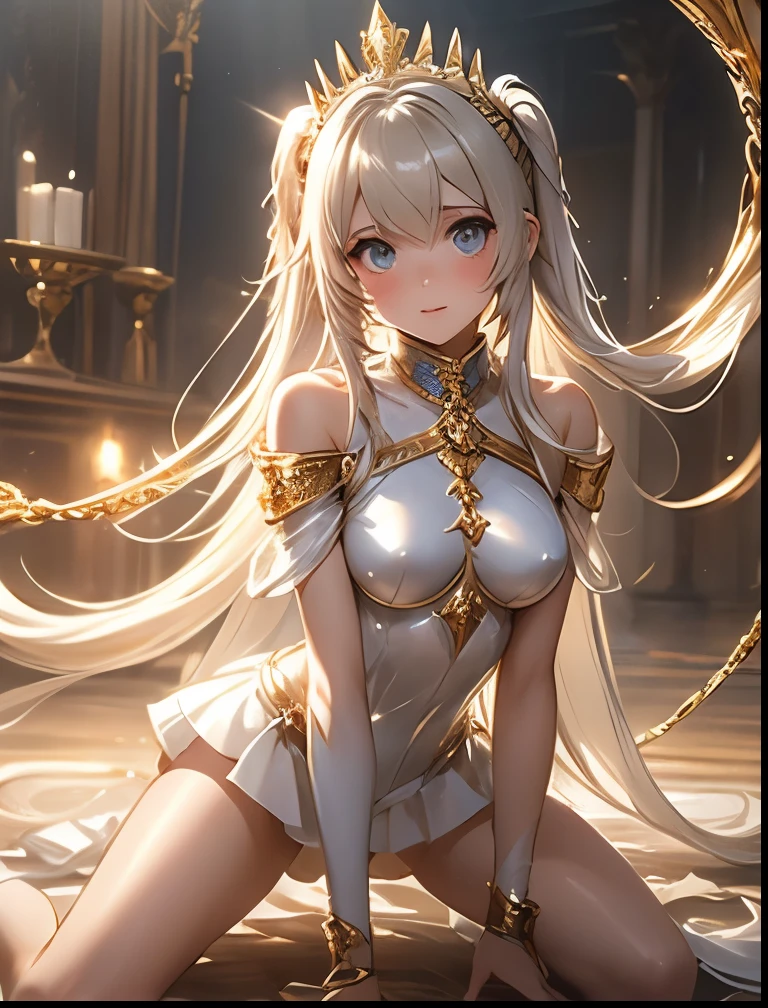 （（（ＳＦＷ、Precision、Highest quality、A first-class masterpiece、Normal body、8k、  Detailed Face 、Ultra-precision、 Normal hand、５refer to、Highest）））、 Gold and Silver Hair 、twin tail drill roll、 slender、clear、Pitiful、Pure、noble、Big Breasts、 Beautiful Gold Eyes 、 defeated saint 、 Whip 、Whipper 、 Gold Transparent Super High Leg Nipples Sheer Leotard Tone Mini Skirt Holy Armor、 Clear Erect Nipples、crown of light、 Light Cloak 、whip bondage 、 whipping 、 whip lead slave collar、Shy on all fours、The Fall of Slaves、Shy blush