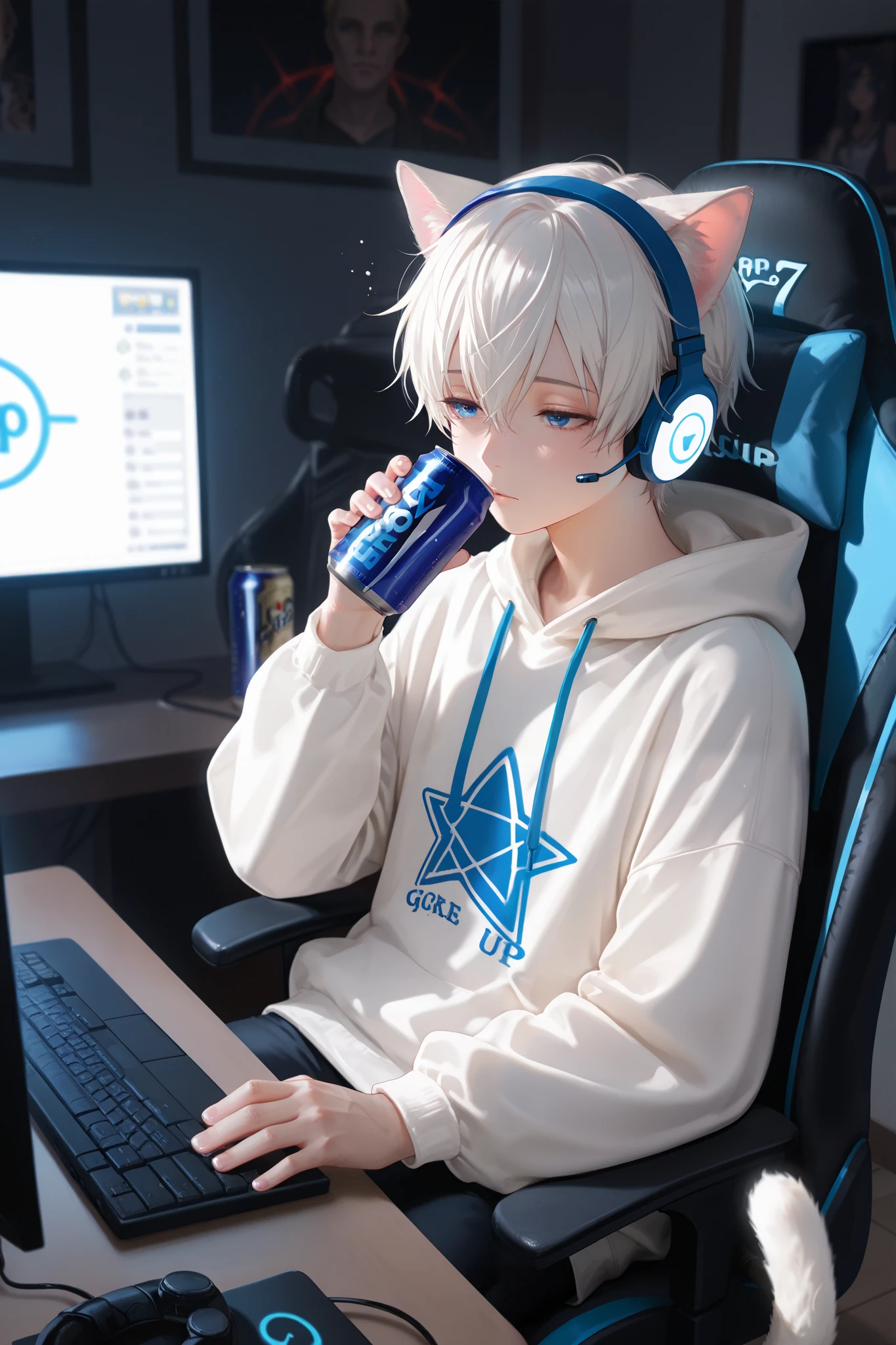 masterpiece, best quality, detailed eyes, semi realistic, 8k, man, white hoodle, jean, holding can, wearing blue headset, tired, dark circle, sitting on gaming chair, monitor on desk, room with light offed, long white hair, deep blue eye, cat ears, cat tail, solo character