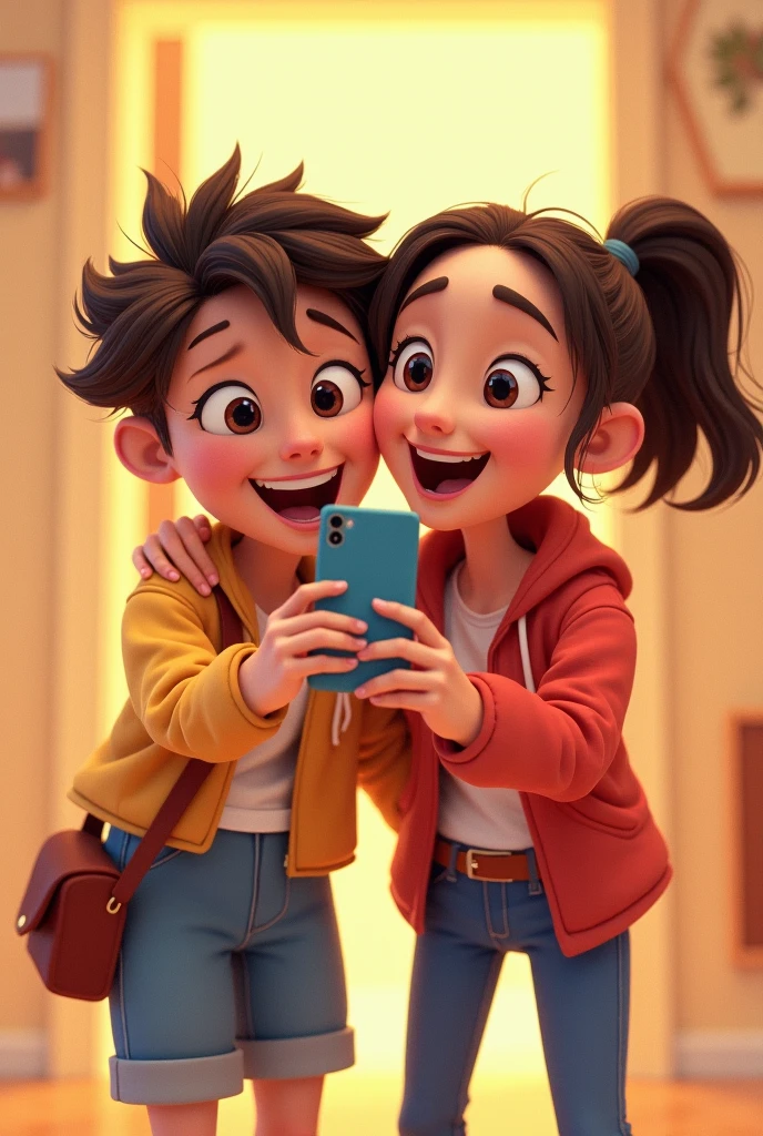 "An Indian couple, both 2, sitting together at a table. The boy has medium long hair and is wearing a jacket, while the girl is wearing a shirt. The girl is taking a selfie of the two of them. They are in a casual, cozy setting, perhaps in a cafe or restaurant,






