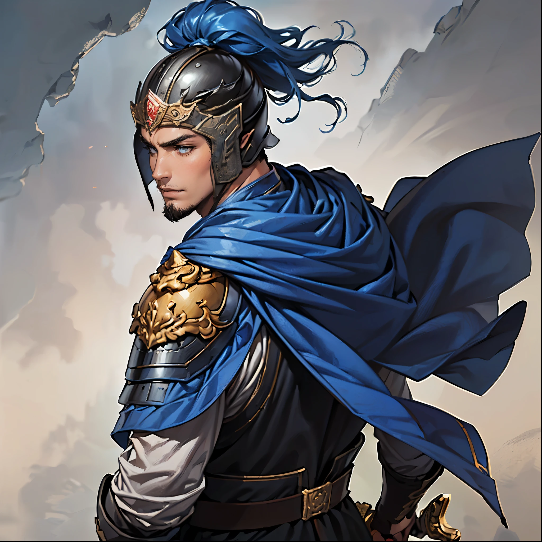 ( best quality ,4K,8k, High Resolution ,masterpiece:1.2),super detailed,(super fine illustration),((( A man in armor with a sword drawn in an anime-style illustration ))),20 years old,Takasho of the Three Kingdoms ,Expression full of supremacy , detailed eyes :1.2, perfect eyes,(( Attractive Dark Eyes )),Short beard,( well-trained body, muscularity, macho),cinematic lighting, soft shadows,(( Black armor with designs leading up to detailed works of art :1.3, Deeply covered with a detailed ancient Chinese black helmet:1.3,Wear a large blue cape on your back:1.3dynamic pause:1.3)),(( Cowboy Shots :1.2)),(( white background:1.3,simple background:1.2)),(( Looking Back:1.3, :1.3,Depicted so you can't see it from the tip of your head :1.3,from back:1.2,from below))