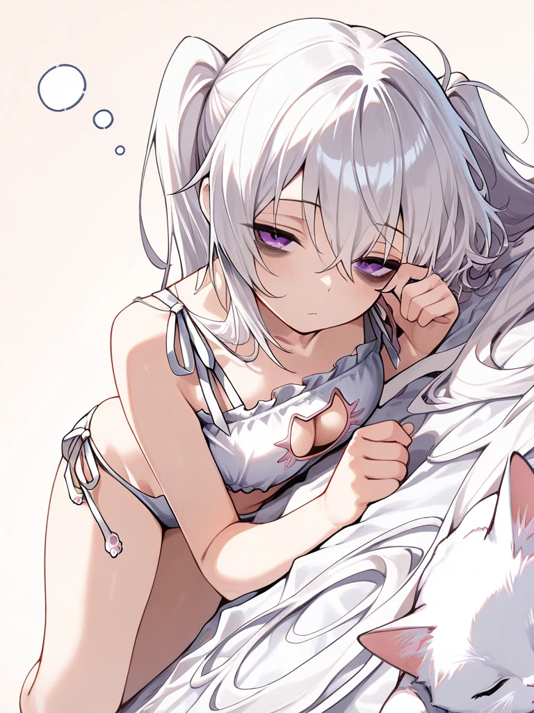 Masterpiece、Anime Coloring、Ultra fine、16K、Highest quality、((Lilac mesh))((Lilac cat ears、tail))、((Light blue underwear、In underwear))、blush、Looking up、Medium Hair、bed、Stylish room、((Medium chest))、((Cleavage))、((On all fours))、((detailed eyes))、cowboy shot、