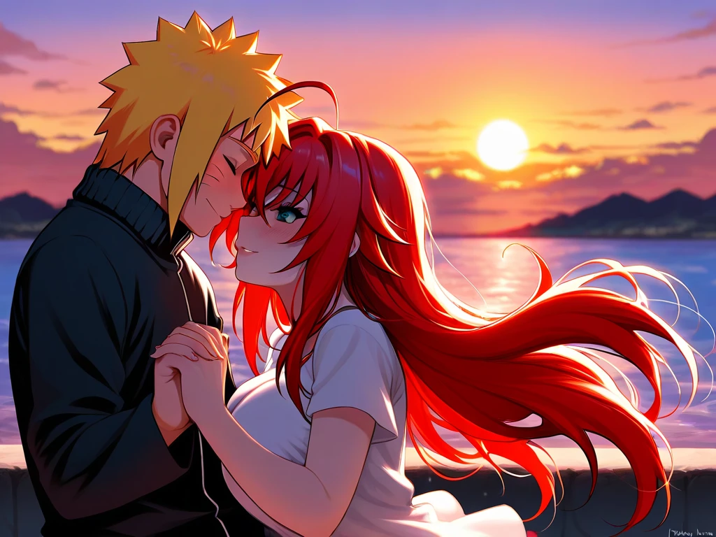  high resolution image,  masterpiece,  Better Quality ,  amazing quality ,  Naruto Uzumaki ,  Rias Gremory  , holding hands  , miradas de love , playa , sunset , couple , romance, love