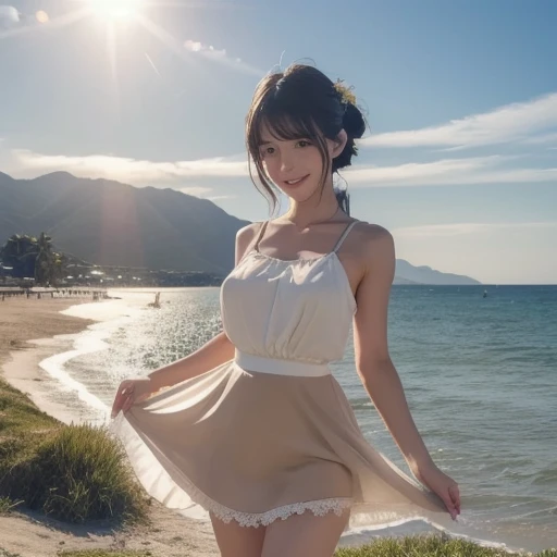 (masterpiece, Highest quality, 8K, High resolution),(Realistic skin texture, Perfect Face, Realistic, Perfect hands, Perfect finger count, Japanese, Girl), (), Big Eyes, Brown eyes, Light brown hair, bangs, short hair, Red hair ribbon, Small face, Smile, (Lace frilled dress, Cameltoe, Panty shot)), Are standing, Lift up the skirt, Sandy Beach, Blue sky and clouds, Hair blowing in the wind, Low - Angle