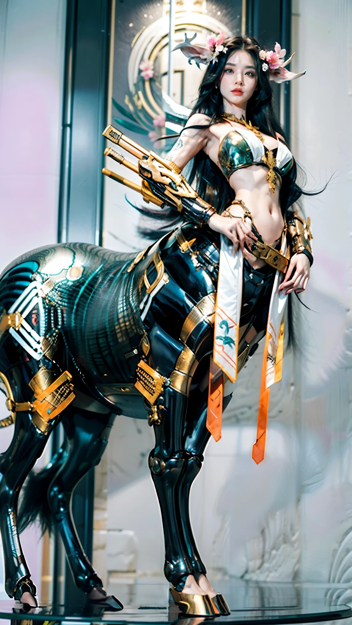 （A female centaur：1.5），She is both（Female: Centaur, half human, half horse, half horse, half horse：1.5），It is also a female Yingzhao。She blends both images，The first is：（（The head of the horse/neck/Shoulder these parts，Replaced with a beautiful female human upper body）：9.9），'s（Female, half-centaur, half-human, half-horse, half-human：1.5），The second is：（（The head of the horse/neck/lower back/hason/gluteal/Shijo Thigh Female Embodiment）：9.9），'s（Seamless chimera of a female half-horse with a beauty：9.9），（It's like a chimera of a female human and a half-horse costume：9.9），This chimerism is based on a strong future（Technologie：1.5）above。The ultra-wide-angle lens captures the image of her beautiful and ethereal wings on the ionosphere launching a super-high-speed charge and leaping。Her front half is distinctly feminine，Tall sexy body，possessed（K cup giant coconut tit chest：9.9），Has（Narrowed small brute waist 5.5）、Butterfly cross、（Long legs：9.9），The embedded interface of the bent female metamorphosis part of the back half of the body is at the hip position of the front half of the body。（The horse-shaped, half-horse torso form of her back body is completely female humanization9.9）。Translucent fluid flowing from the（Narrowed sternum 5.5）The upper end begins to embed the chest cavity of a woman in the shape of a bent dog style at the back of the beautiful woman's body/lower back/Ventral transverse。Then there are the sexy beauty's upright hips，（Her entire body has been completely female and replaced by a female body：9.9），Including the half-horse part。Mechanized armor covers the legs with knee-shaped anti-joints and feet，And these parts are highly anthropomorphic，This makes her legs graceful and slender，Her four horse legs exploded in length proportions and was slender and toned，Under the legs are skinny white feet dressed in Skyscraper Heels，Use Midjourney's advanced stroke tools and color palettes, as well as texture packs, model packs, and texture tools，Concentration，Include