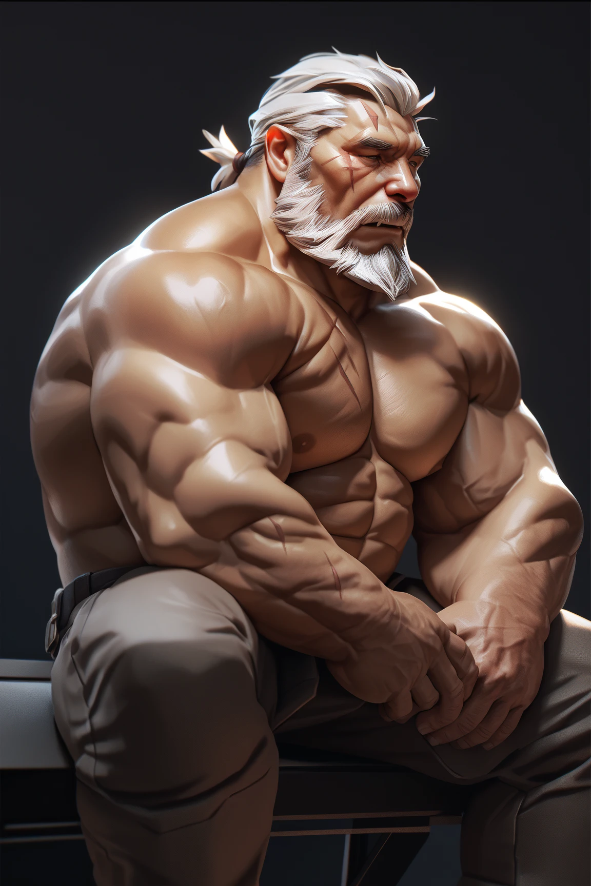 Volumetric cinematic lighting (highly detailed: 1.4), digital rendering, sharp soft focus, 8k full body rendering, action shot, realistic reflections, cinematic compositing, dante, naked body, close-up, upper body, sexy pose , portrait, helmet removed, old man, long hair, white hair, detailed face, naked, beefy body, hard abdomen, sexy, nsfw, hot light skin