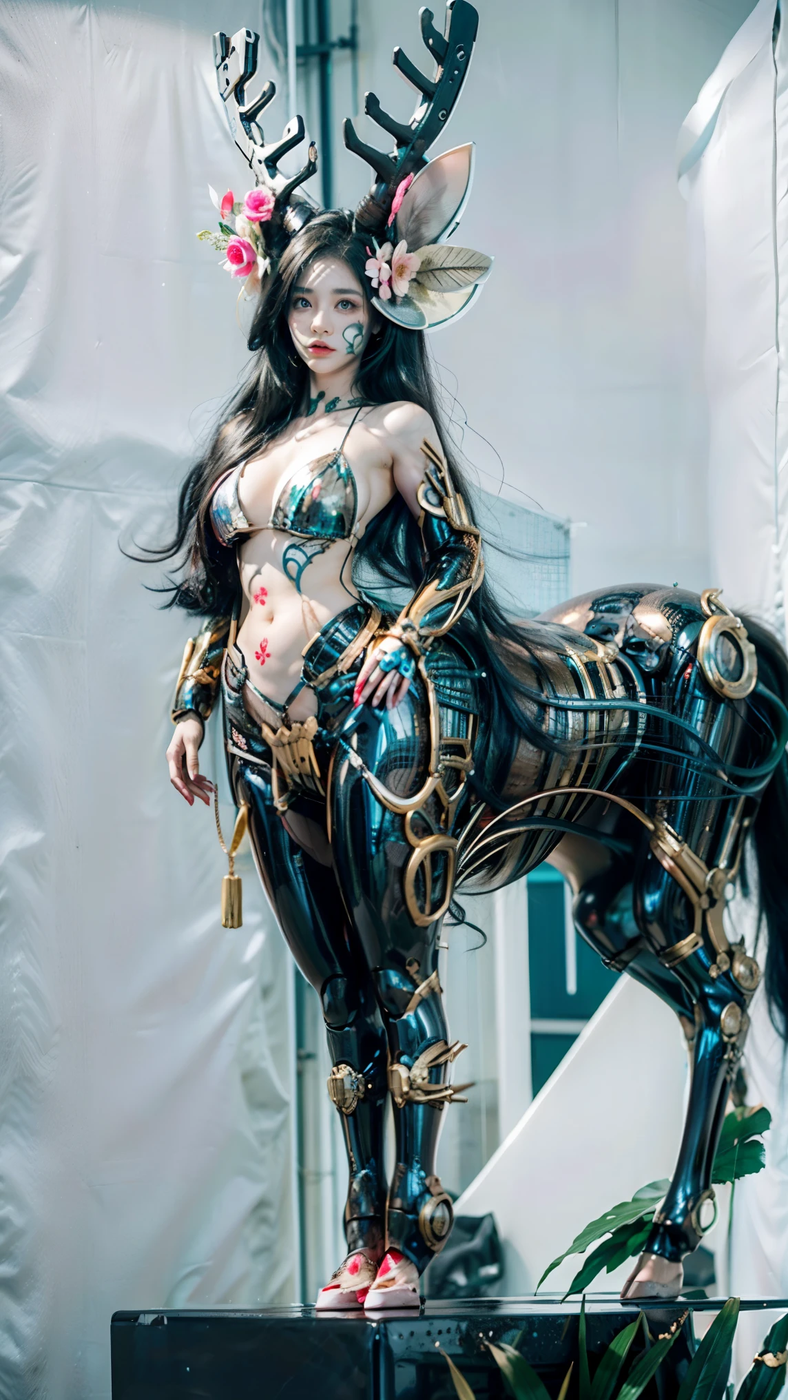 A female centaur，She is famous in the multiverse，She is both a female centaur, half human, half horse, half horse，It is also a female Yingzhao。She blends both images，The first is：（（The head of the horse/neck/Shoulder these parts，Replaced with a beautiful female human upper body）：9.9），of females are half-centaurs, half-horses, half-humans，The second is：（（The head of the horse/neck/lower back/hason/gluteal/Shijo Thigh Female Embodiment）：9.9），'s（（Female half-horse with beautiful woman's）：9.9，Chimer）：9.9），（It's like a female human wearing a half-horse-like costume and making a seamless chimera：9.9），This chimerization is based on powerful futuristic technology。The ultra-wide-angle lens captures the image of her beautiful and ethereal wings on the ionosphere launching a super-high-speed charge and leaping。Her front half is distinctly feminine，Tall sexy body，possessed（K cup giant coconut tit chest：9.9），It has a small man's waist butterfly straddling（Long legs：9.9），The embedded interface of the half-horse part of the bent feminine state of the back half of the body is in the hip position。（The horse-shaped, half-horse torso form of her back body is completely female humanization9.9）。The chest cavity of a woman in the shape of a bent dog style embedded in the lower back position of the beautiful woman's body starting from the upper part of the sternum/lower back/Ventral transverse。Then there are the sexy beauty's upright hips，（Her entire body has been completely female and replaced by a female body：9.9），Including the half-horse part。Mechanized armor covers the legs with knee-shaped anti-joints and feet，And these parts are highly anthropomorphic，This makes her legs graceful and slender，Her four horse legs exploded in length proportions and was slender and toned，Under the legs are skinny white feet dressed in Skyscraper Heels，Use Midjourney's advanced stroke tools and color palettes, as well as texture packs, model packs, and texture tools，Concentration，Include all parts of her