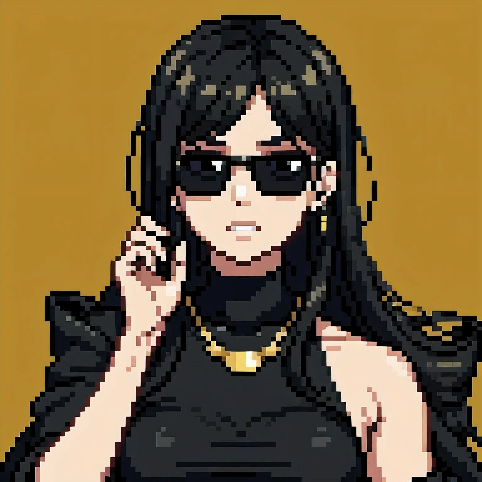 wearing gold frame reflective sunglasses {x} cyberpunk, black,  ，Focus