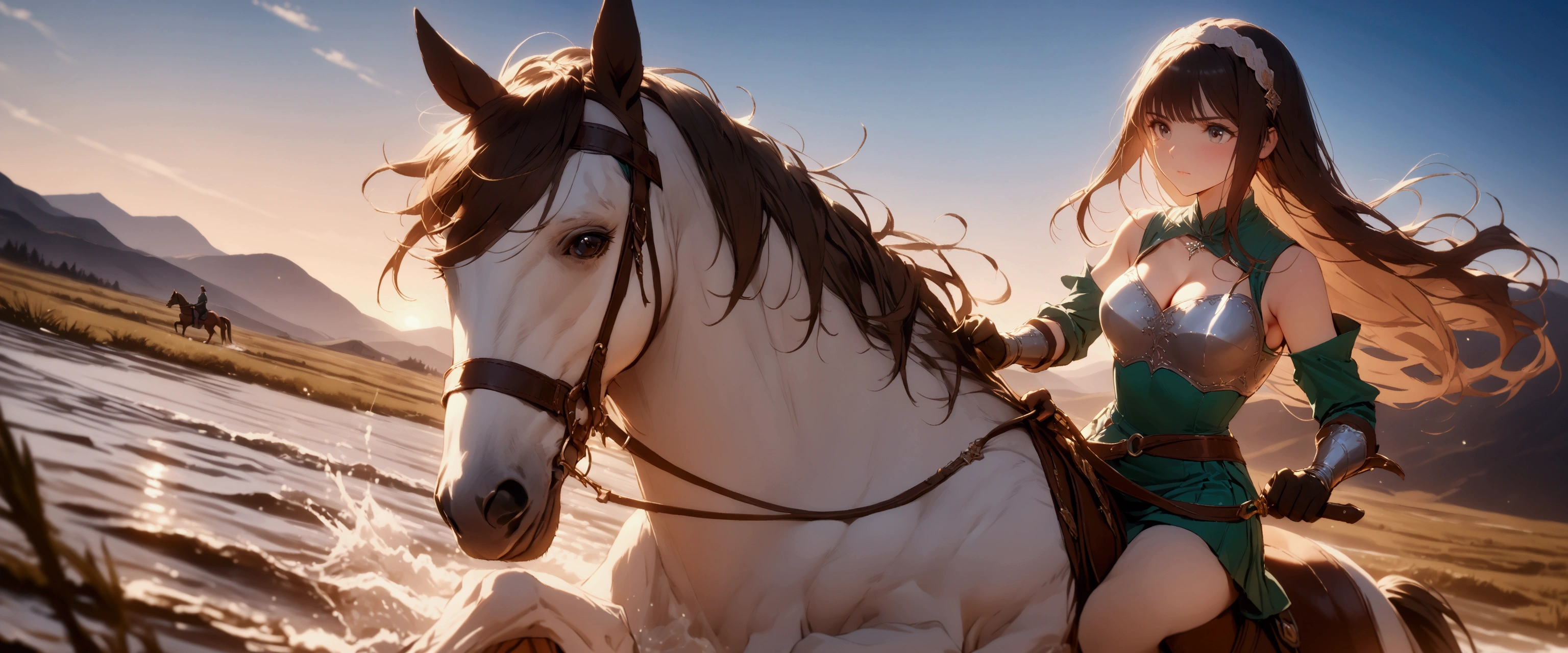 (masterpiece:1.3), (8K, best quality:1.3), Highest image quality, intricate details, high resolution, depth field, Natural light, professional lighting, 
BREAK, 
riding, horse, (((a young woman wearing in adventurer clothes watching a blue sky while horse riding)), ([long hair, brunette hair, sidelocks, hairband, cleavage, medium breast]), (dress, miniskirt, breastplate, cleavage, gauntlet, gloves, bare legs, greaves, )), BREAK, ([gray horse, saddle, reins, bridle, running]), solo, (in the river, mountainside, water splashes, fantasy settings:1), both hand holding rein, from side: 1, anatomically correct