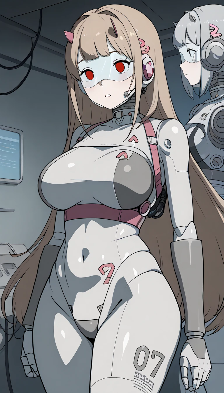 masterpiece, best quality, extremely detailed, (8K, 4K, Best Quality, hight resolution, 超A high resolution:1.1), ,8k portrait, Japaese android Girl,Plump , black leg cover,announcer,control panels,android,Droid,Mechanical Hand, Robot arms and legs, Robot Parts,golden long hair,Mechanical body,Blunt bangs,perfect mechanical abdomen, robotics parts,perfect robot woman,future laboratory,cyber pank,charging spot,laboratory,long tube,thick cable connected her neck,black ceramic body ,perfect mechanical body, robot body,lod antenna,mechanical ear cover,android,robot humanoid,black sponge joints,The removable cover is in the groin,The connection port is in the groin,opened chest panel,access panel on the chest,opened breast panel,perfect mechanical breast,perfect black machine body,perfect black android body,She has repaired,assembly plant,no human skin,visor,mistyrobot,viper(nikke),robot joint,doll joint,malfunction,core unit,a thin waist,mecha musme,chrome body,sex,yuri,lesbian,empty eyes,ahaegao