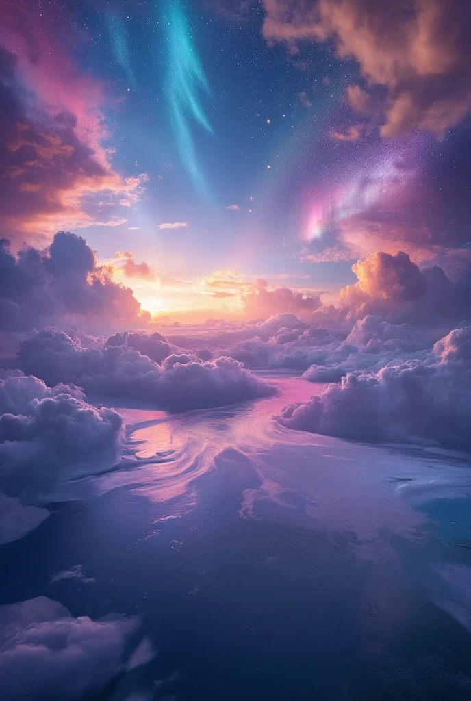 a beautiful fantasy sky, magical clouds, ethereal atmosphere, dreamlike landscape, glowing celestial bodies, cosmic energy, shimmering aurora, vibrant color palette, dramatic lighting, (best quality,4k,8k,highres,masterpiece:1.2),ultra-detailed,(realistic,photorealistic,photo-realistic:1.37)