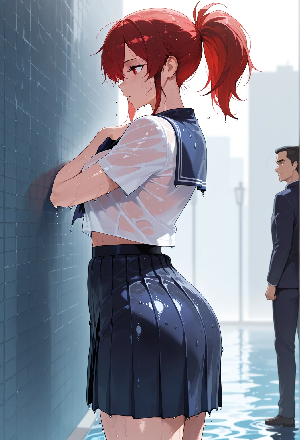 masterpiece, ultra resolution, super detailed, a woman and a man, perfect eyes, the woman is wearing a tight school uniform, the woman is wearing a skirt, the woman has very long, red hair, the man is hugging her, the man has an aggressive look, the woman's buttocks are large and voluptuous, side view, soaked, wet, sweaty.
