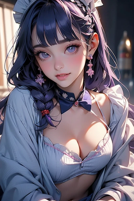 1 person, Blunt bangs, Braiding, Wide sleeves, hair ornaments,Obi says, (Purple Hair:1.2), Very long hair, Straight hair, Looking at the audience, Highly detailed background, (Realistic:1.2), Beautiful Eyes, Red eyeshadow, thigh, (Urzan-6500:0.7), Upper Body, (alone:1.2), (Cyberpunk City:1.1), Cleavage,,Glowing Skin、(Navel exposed).((Face close-up))、((smile))、(White lace outfit).((Surprised face)).