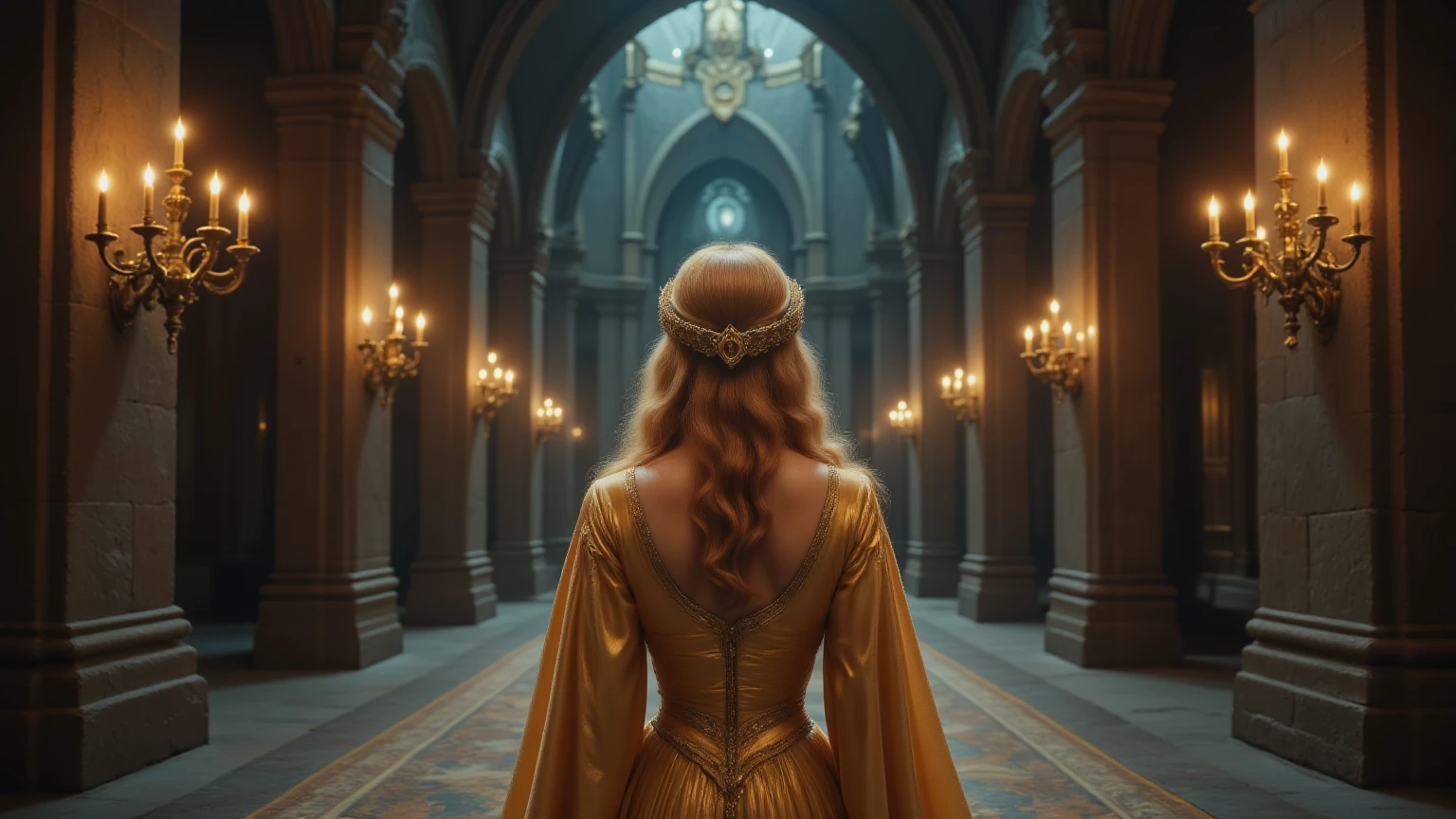 Design a photorealistic image of the queen walking away down a long stone hall, her golden gown flowing behind her. The hall features high arched ceilings, stone columns, and evenly spaced candelabras casting warm light. The queen’s crown is delicately detailed, and her hair is styled in loose waves cascading down her back. The atmosphere is solemn and dignified, with soft shadows and a golden glow from the candles creating an intimate, reverent mood. The perspective emphasizes the grandeur of the hall, with the queen as the focal point.