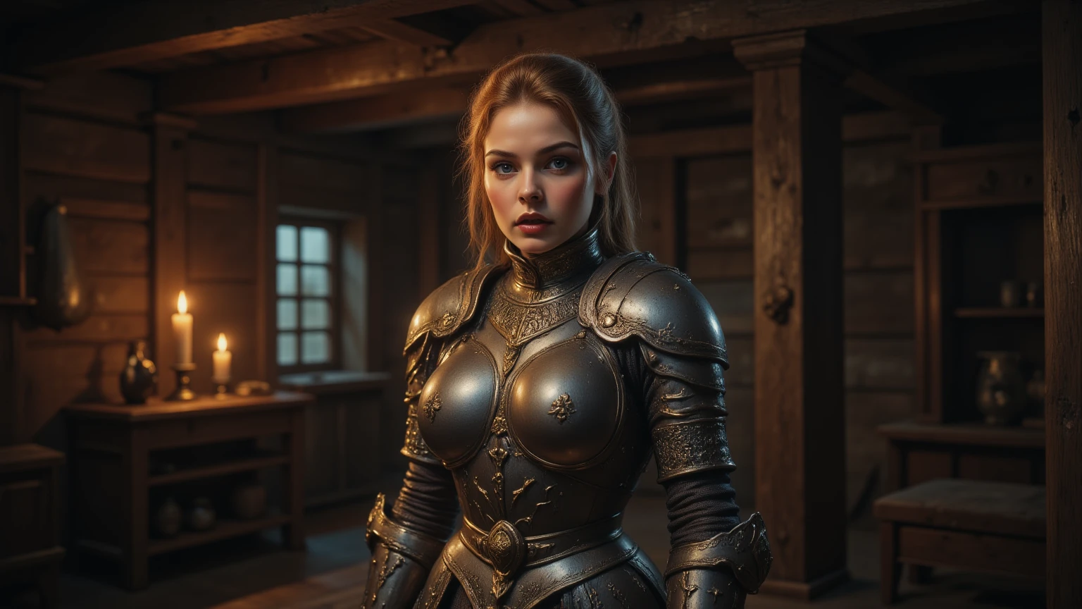 Design a photorealistic image of a young woman dressed in medieval armor, standing in a rustic wooden interior. The armor includes a polished breastplate with intricate engravings, layered over a dark, padded undergarment. Her expression is determined, with strands of her messy, wavy hair framing her face. The room features wooden beams, a small table with a candle, and a window letting in faint natural light. The lighting is warm and atmospheric, with strong contrasts between the armor’s shine and the room’s shadows.