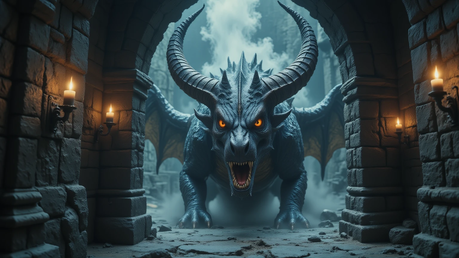 "Create a photorealistic image of a massive dragon peering through a stone archway. The dragon has textured black scales, glowing orange eyes, and sharp, menacing horns. The archway is made of rough, weathered stone, with cracks and uneven edges visible. Two medieval candles are mounted on either side of the archway, their flames flickering and casting warm light onto the cold stone. Mist and smoke rise around the dragon, creating a mysterious and foreboding atmosphere with soft, diffused light filtering through the mist.