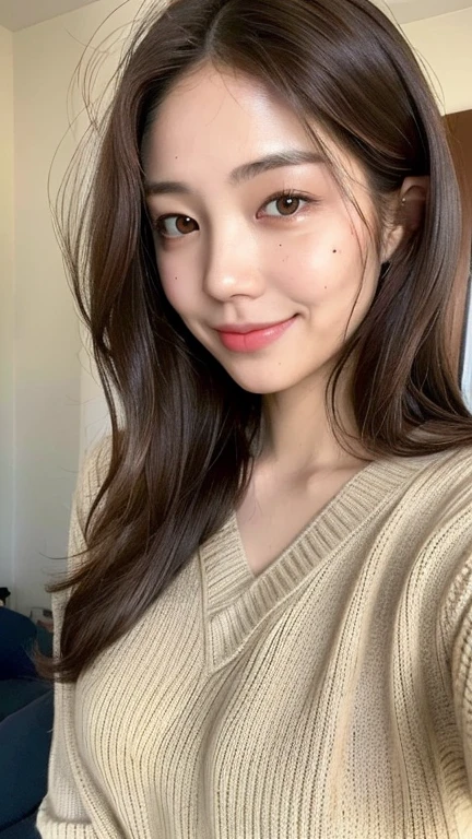 ((highest quality, 8k, masterpiece: 1.3)), 1 female, Japanese Mature,Sensual beauty: 1.3, (Hair style Brown hair Medium wave, big: 1.2), Relaxed nightwear: 1.1, Super slender face, Delicate eyes, double eyelid, Dimples,Mole, Home,relax,A motherly smile,Plump body,Cowboy shot from above,