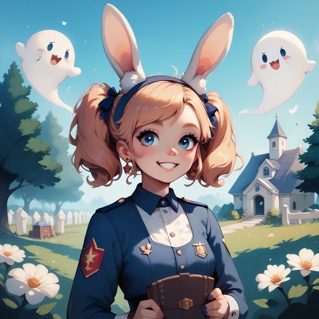 Cute girl in short ,  uniform with bunny ears playing with ghosts in the cemetery at midnight 