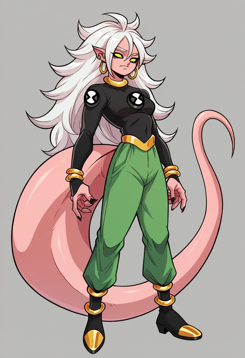 score_9_up, score_8_up, android 21, majin, pink skin,  pointy ears , Majin's eyes , green eyes,  Long hair ,  white hair,  majin tail , ben10,  insignia,  long green shirt , long sleeves ,  green mangas, big tits, Big boobs