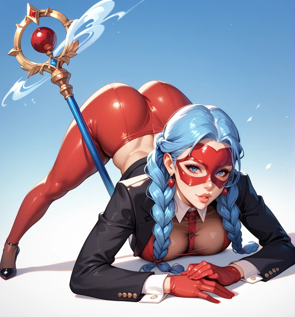  Beautiful and mysterious girl ,  part of her face covered by a mask ,  you can see her full lips ,  long blue hair with braids ,  voluptuous,  suit red tight to her body ,  has a sensual neckline that reveals up to the navel, She has a staff, in jack-o pose.