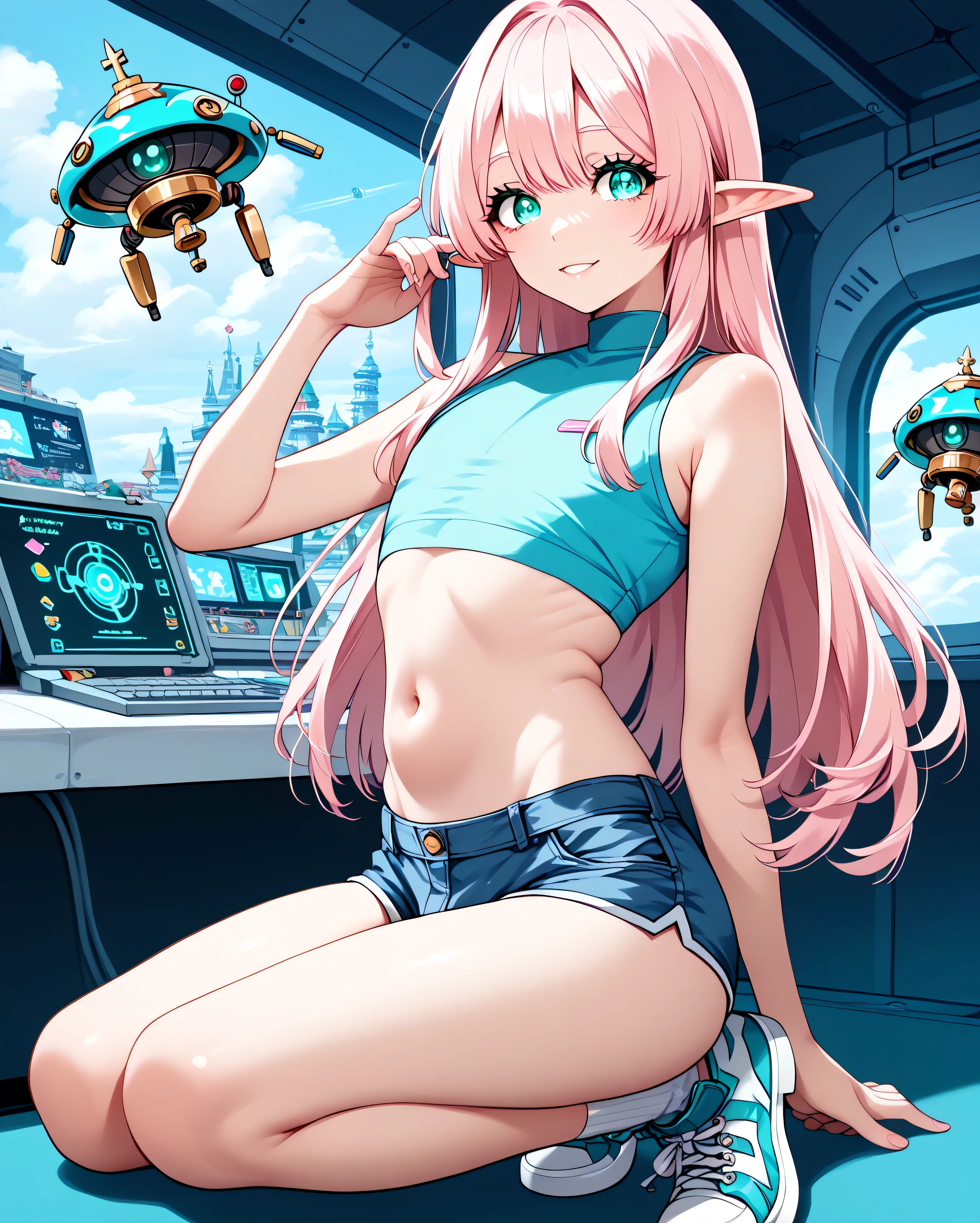 (((best quality, masterpiece))), spacecraft_interior(((giant robot in background))), elf, (((****ars ***))), (((fake girl, otoko no ko, femboy, girly))), (((light pink long hair, turquoise_eyes, skinny stomach, curvy))), (((crop top, short pants, sneakers, knee high))), light smile, mature, uncensored