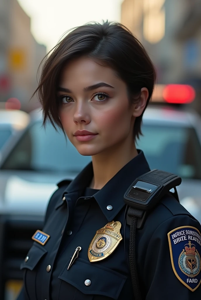 ruby_rose, <lora:RubyRoseXL:1>, cyberpunk (police officer), armored police uniform, police badge, nypd, patrolling on a street ((at dawn)), futuristic, new york city, science fiction, scifi, dystopian future, dark atmosphere, cyberpunk style, ((perfect eyes, detailed eyes,realistic eyes)), ((sharp face, detailed face, realistic face, naturtal skin, realistic skin, detailed skin, pores))