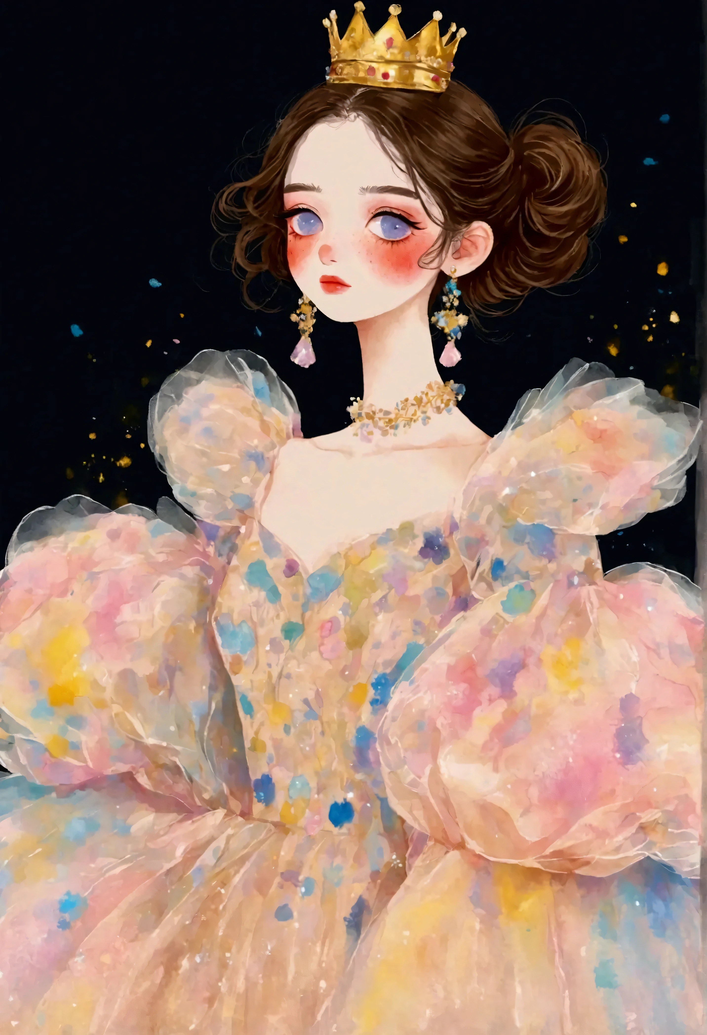Pastel Art :1 beautiful and elegant girl,Gold crown, hoodie tulle dress,Exaggerated Sleeves ,Fluffy,Fluffy白色薄纱,Dark Background