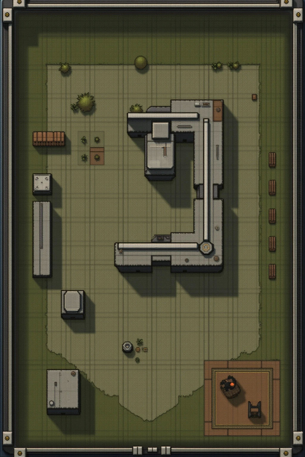 This image depicts a detailed top-down view of a fictional urban environment rendered in a realistic style. The area is divided into several zones, featuring buildings, pathways, and vegetation:
1. **Buildings and Layout**:
- A large L-shaped building dominates the center-right side of the map, with a courtyard-like space inside the L-formation.
- Other rectangular buildings are scattered around, including a small square building in the top-left corner and larger rectangular ones in the bottom-left corner and center-left.
- One building appears to have a fenced-off yard near it.
2. **Outdoor Areas**:
- The open spaces are covered with a mix of grass, dirt, and concrete. Pathways and roads connect the various buildings and areas.
- Small vegetation, including trees and bushes, is scattered throughout the map.
- On the right side, a dirt area contains what appear to be farming plots or organized structures like benches or crates.
3. **Objects and Structures**:
- Details like wooden pallets or storage crates are visible in some areas.
- Pathways include intersections and roads leading between the buildings.
- Some outdoor areas have small fences, hedges, or barriers for separation.
4. **Environmental Details**:
- A muted, military-like green tone overlays the entire environment, giving it a functional and utilitarian appearance.
- The map is framed with a metallic user interface, showing subtle texture details like bolts and a gradient.
The overall vibe suggests a tactical, strategy-based game with urban combat or exploration themes.