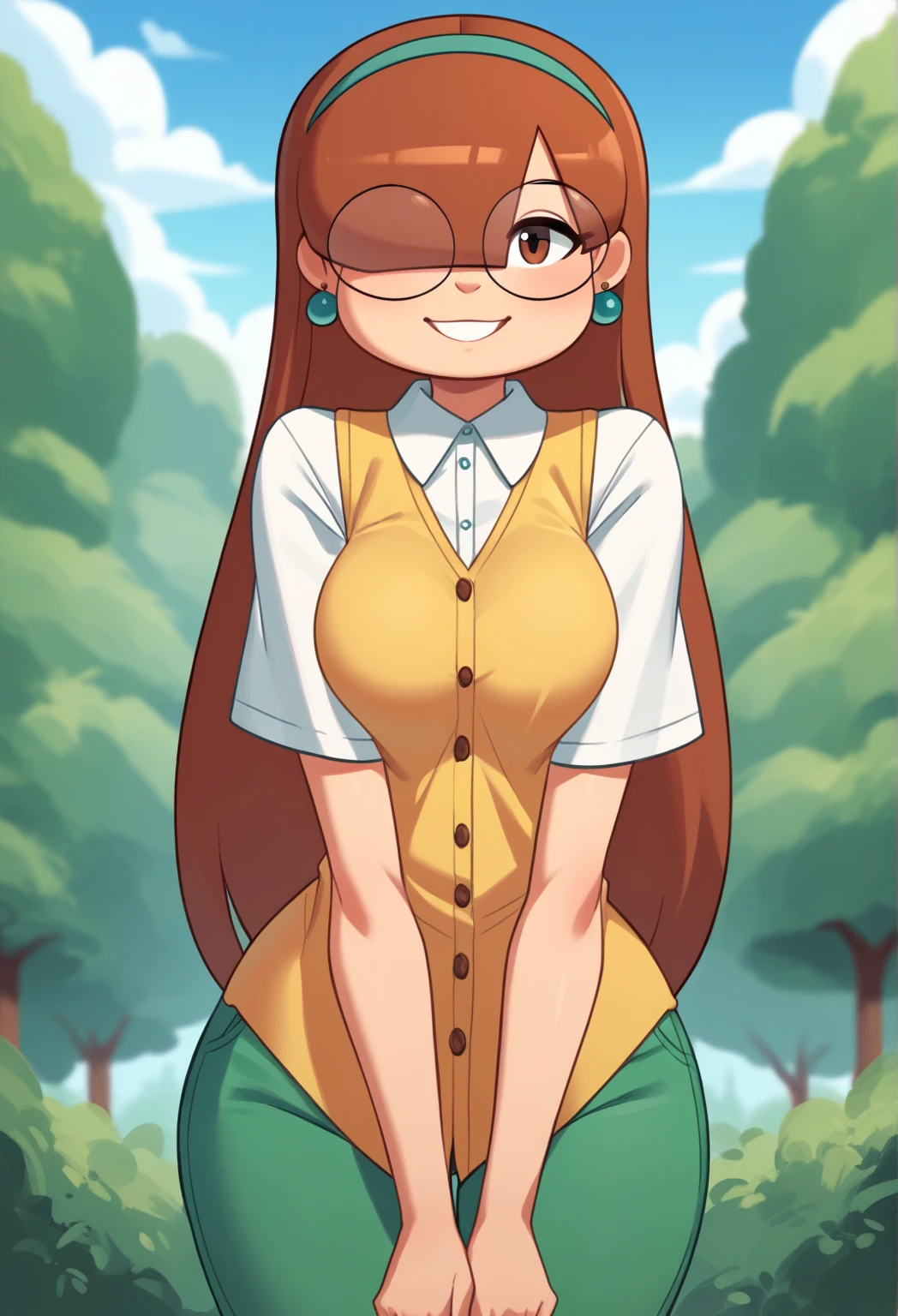 score_9, score_8_up, score_7_up, score_6_up, score_5_up, score_4_up, 1girl, solo, rating_explicit, source_cartoon,
Emma_Donchibi_Style, red-brown hair, hair over eyes, blunt bangs,
black-framed eyewear, brown eyes, circular rim glasses, round eyewear, hair over one eye, long hair hairband, earrings, white shirt, collared shirt, yellow vest, short sleeves, green pants, perfectly round breasts, wide hips, 
beautiful, sexy, cute, medium breasts,
, looking at viewer, standing, outdoors, forest, blue sky, clouds, dynamic angle, smile,
fca style,