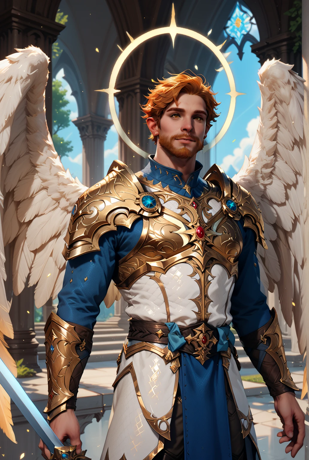 1male, Aasimar, paladin, gold plate armor, weilding greatsword,
Ginger hair, short hair, full beard, gold eyes, white angel wings, gold halo, 