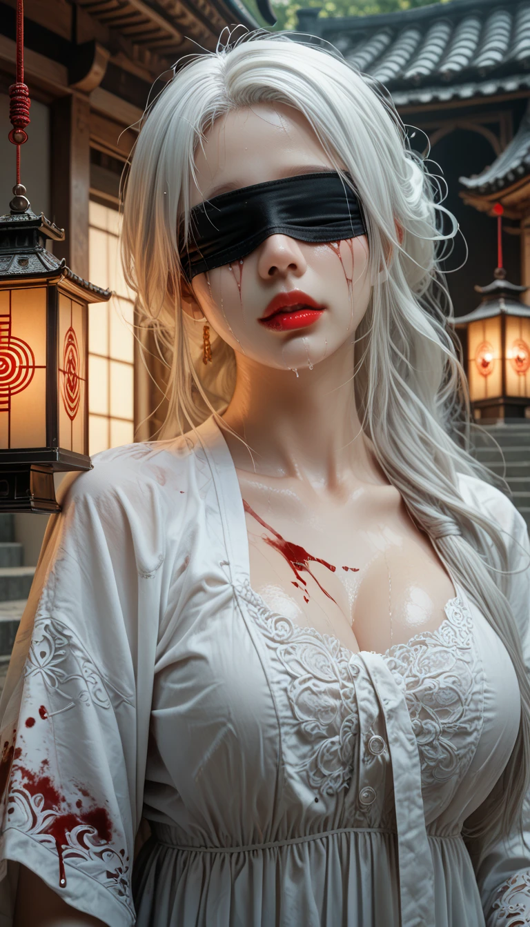 (masterpiece,   best quality  :1.2),  1 woman,   alone, Maiden Ghost Monster,   Korean , Hanbok,  White Sobu , Sporadic white hair, Temple, I, (  huge boobs   :1.4), Lantern  ,   long matted hair ,  clear skin , Red lips, Shedding tears of blood,  cool atmosphere, Blindfold