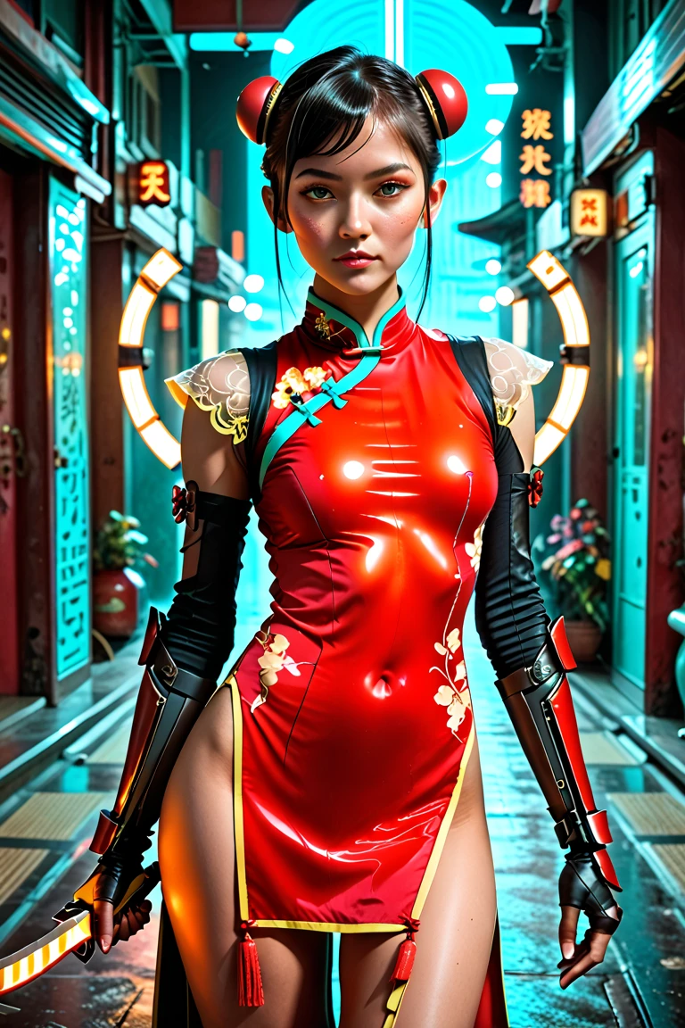 masterpiece, best quality, vibrant, very aesthetic, high contrast, semrealistic, newest, realirtic, photorealistic,
1girl,solo,standing,Compound bow in hand,the other hand get arrow,looking at viewer,black hair,high twintails,black eyes,
turquoise ultra-short high-slit Chinese cheongsam,turquoise china dress,  bodysuit, see-through Laser juliet puff sleeves, (leather arm guards:1.4), tassel, Chinese cloud shoulders,Chinese style moire, belt, thighhighs under boots, chest cutout, Head with red feather decoration, high heels, headphones, sheath,
Compound bow \(weapon\), arrow \(projectile\), quiver,knife,simple background,grey background,
cyberpunk,perfect curves,(pastel colors:1.2),  cyberhanfu,cheongsam,chinese_clothes,Chinese cheongsam,