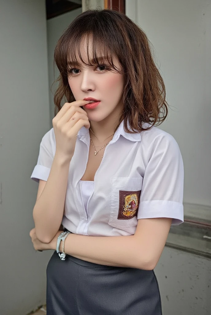  A 20-year-old woman , standing facing forward, lip biting finger seductive expression ,  using strict indonesian school uniform, blue tight long skirt bottoms ,  using a cross necklace , dark red lips ,  face teasing, big breasts,  whole body and wet clothes , 