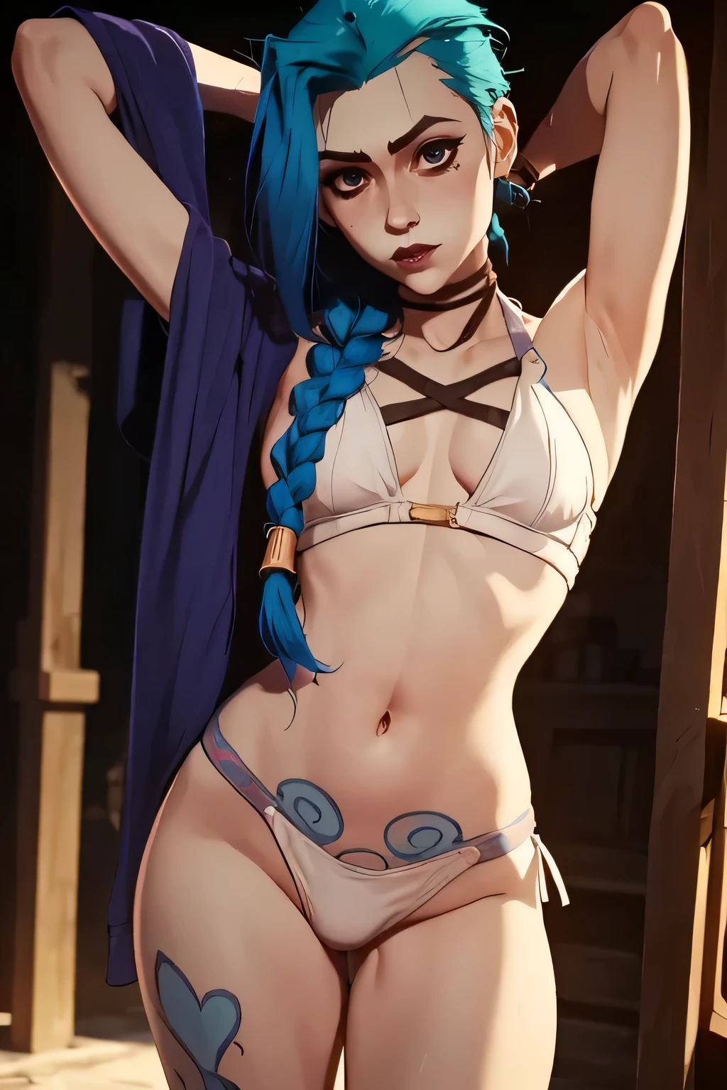 uma , Jinx from arcanes ((holding an flintlock pistol)) , realistics pirates clothes, long braids blue hair, mature, Stand up, maquiagem, Lips are soft or colored, simple light, uncontrasted, simple plain wallpaper background, silhuetas simples, lineart, minimalist