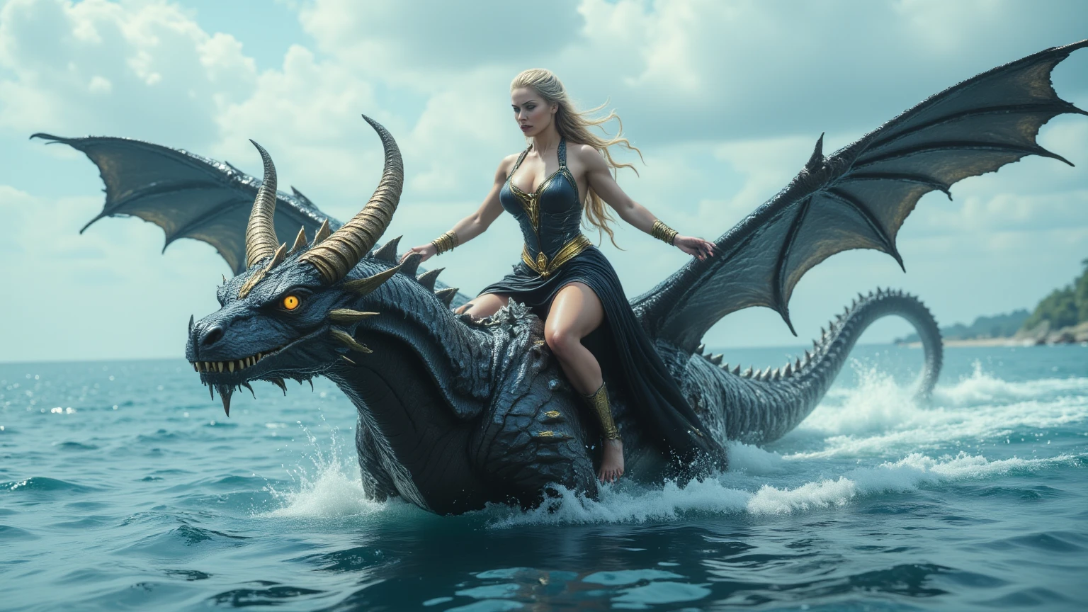 Design a photorealistic image of a fierce woman riding a massive dragon skimming across the ocean surface. The dragon has black, scaly skin with golden horns and glowing yellow eyes. Its wings are spread wide, creating ripples in the water as it soars. The rider wears a black, flowing dress with golden armbands and a braided hairstyle, her expression determined and commanding. The ocean stretches endlessly, with a pale blue sky and faint clouds overhead."