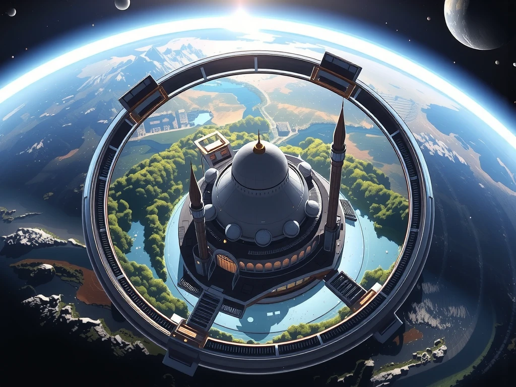  Illustration of a magnificent mosque building in the middle of a giant ring-shaped space colony floating serenely in the expanse of space,  with Earth as its stunning backdrop .  The colony's transparent glass dome reveals an artificial paradise inside ,  complete with lush forests and shimmering lakes . The scene takes place at dawn ,  with the first sunlight gently illuminating the Earth and colony ,  while bright light from the interior of the colony radiates outward .  The artwork features a high level of detail ,  blends science fiction themes with dramatic lighting contrasts ,  creating a mesmerizing and immersive visual experience .