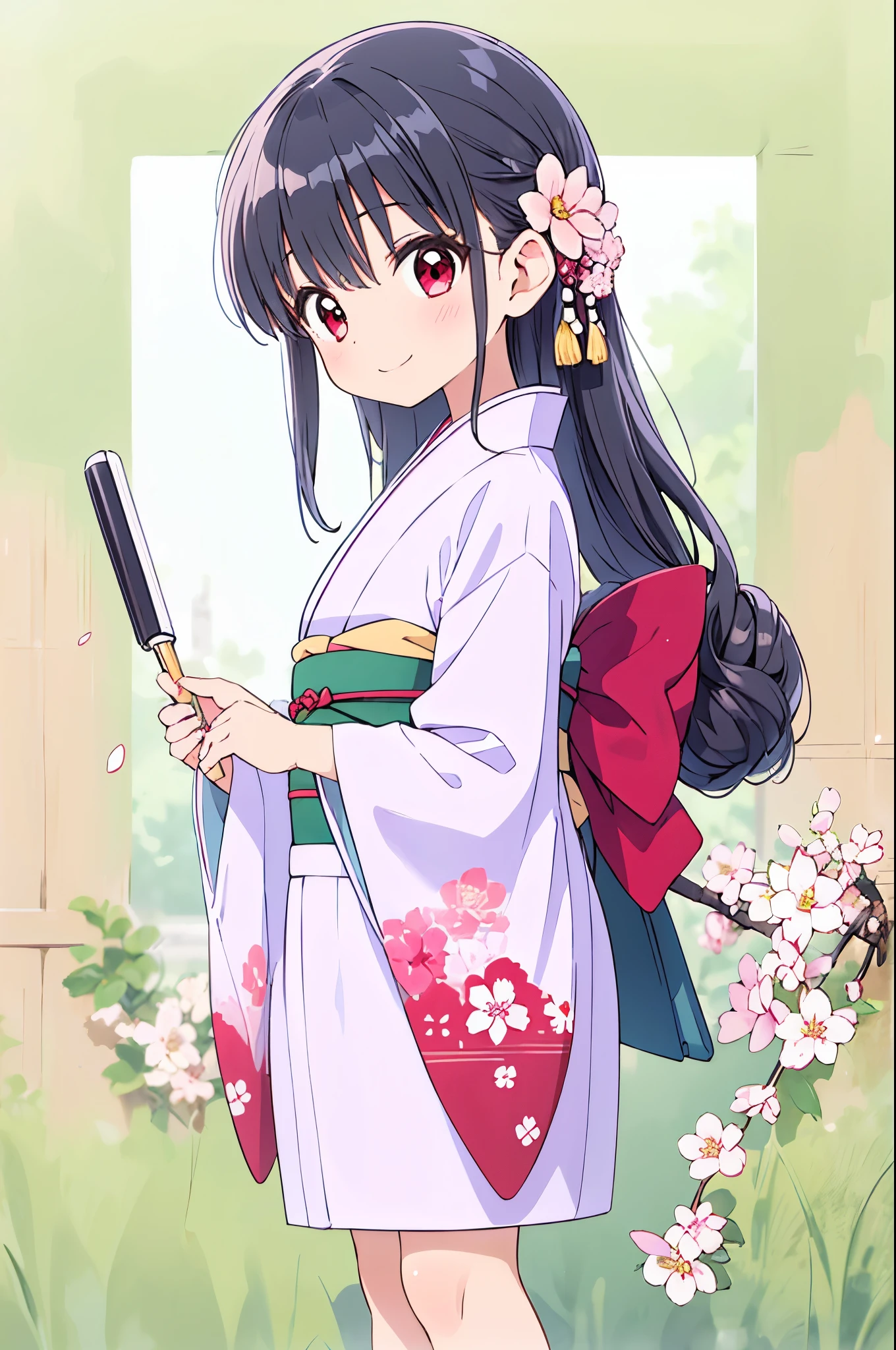 1 girl , Shiny Black Hair , long straight hair,
cheek bulge for intermediates,
red eyes,( Oblique eyes :1.1),( I have a big bruise under my left eye:0.8),
place your hands on your knees,
A perfect smile,
(Standing in a long kimono that is light pink with a cherry blossom pattern up to the ankle:1.1),
medium breasts ,
(:1.1),
Plain simple background,
top quality, High Definition , holding a whiteboard at chest height , masterpiece , brightly colored , Natural Look ,
Accurate, Anatomically Accurate,