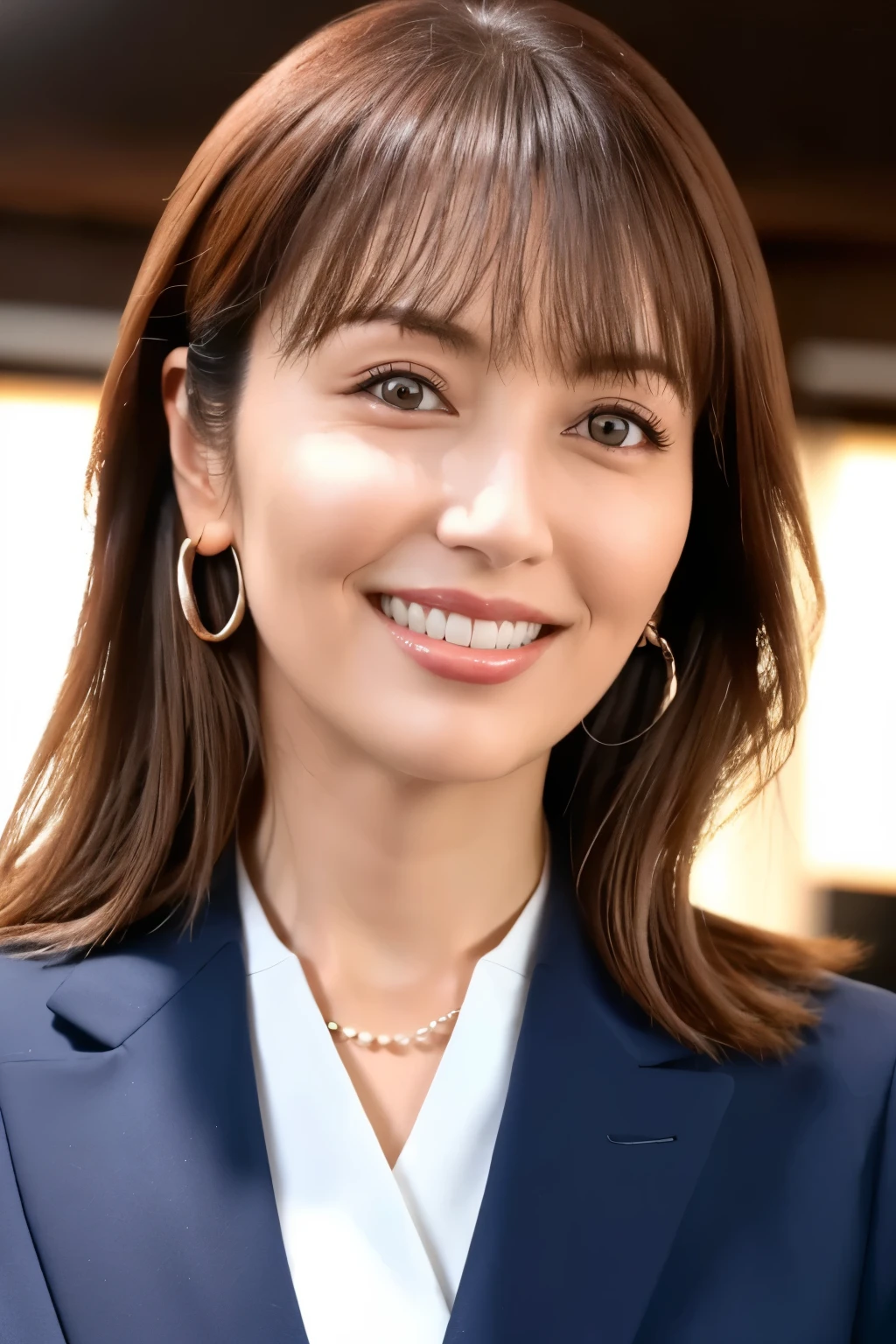 ((最high quality, 8k, masterpiece: 1.3)), (close:0.75), Realistic, Sharp focus, high quality, High resolution, Japanese women、48 years old、Middle-aged mature woman face、Chubby body type、Her breasts are huge, measuring 40 inches. {Wearing a navy blue business suit}, ((Very strong sunlight)), smile, Red hair bun hair,真昼のオフィス街でカメラに向かいsmile、Upper body image、smileのアップ8K画像、