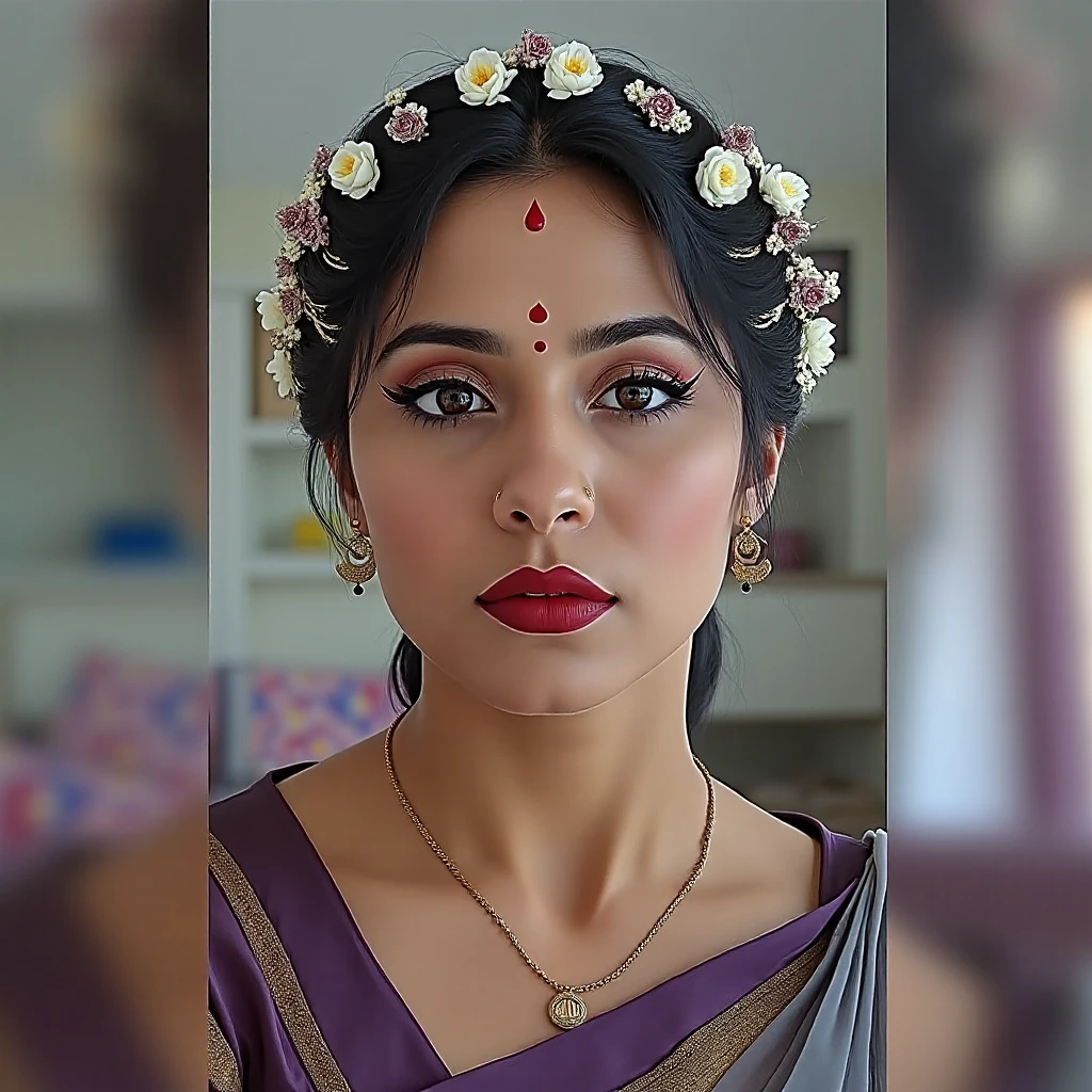 Pov camera view, Indian milf on her knees, looking at camera, with lust in her eyes, black hair tied around, flowers in head,sandal mark on forehead, sindhur on forehead (vermilion mark on forehead in the middle of hair partition,transparent gray Saree, dark red lipstick, black eyeliners, eyelashes,golden noserings, ((huge breasts size: 2.0)), Half breasts out of the blouse, sexy cleavage, purple with golden emproydered colour blouse, thick arms, inside bedroom, 8k , intricate details