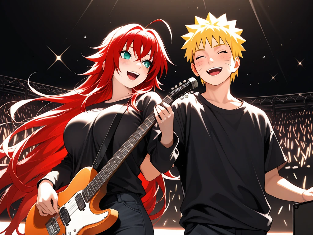  high resolution image ,  masterpiece,  Better Quality ,  amazing quality ,  Naruto Uzumaki ,  Rias Gremory  , Singing Together  , concert , Rias Gremory singing  ,  Naruto Uzumaki singing and playing the electric guitar , love , romance , duo , couple , smiles, happy