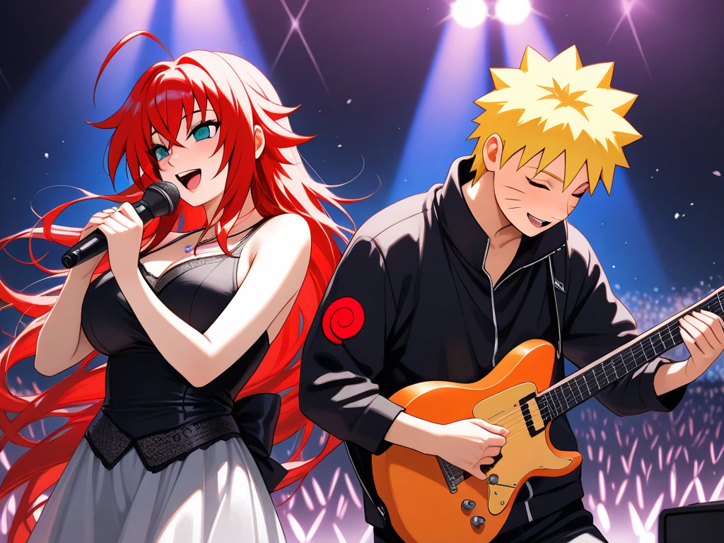  high resolution image ,  masterpiece,  Better Quality ,  amazing quality ,  Naruto Uzumaki ,  Rias Gremory  , Singing Together  , concert , Rias Gremory singing  ,  Naruto Uzumaki singing and playing the electric guitar , love , romance , duo , couple , smiles, happy