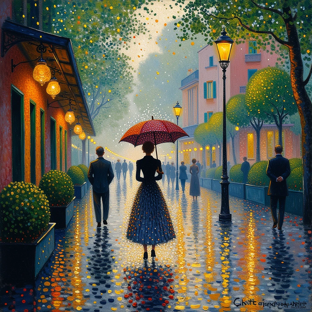 Georges Seurat Style,umbrella singing in the Rain,A Stroll Down Memory Lane